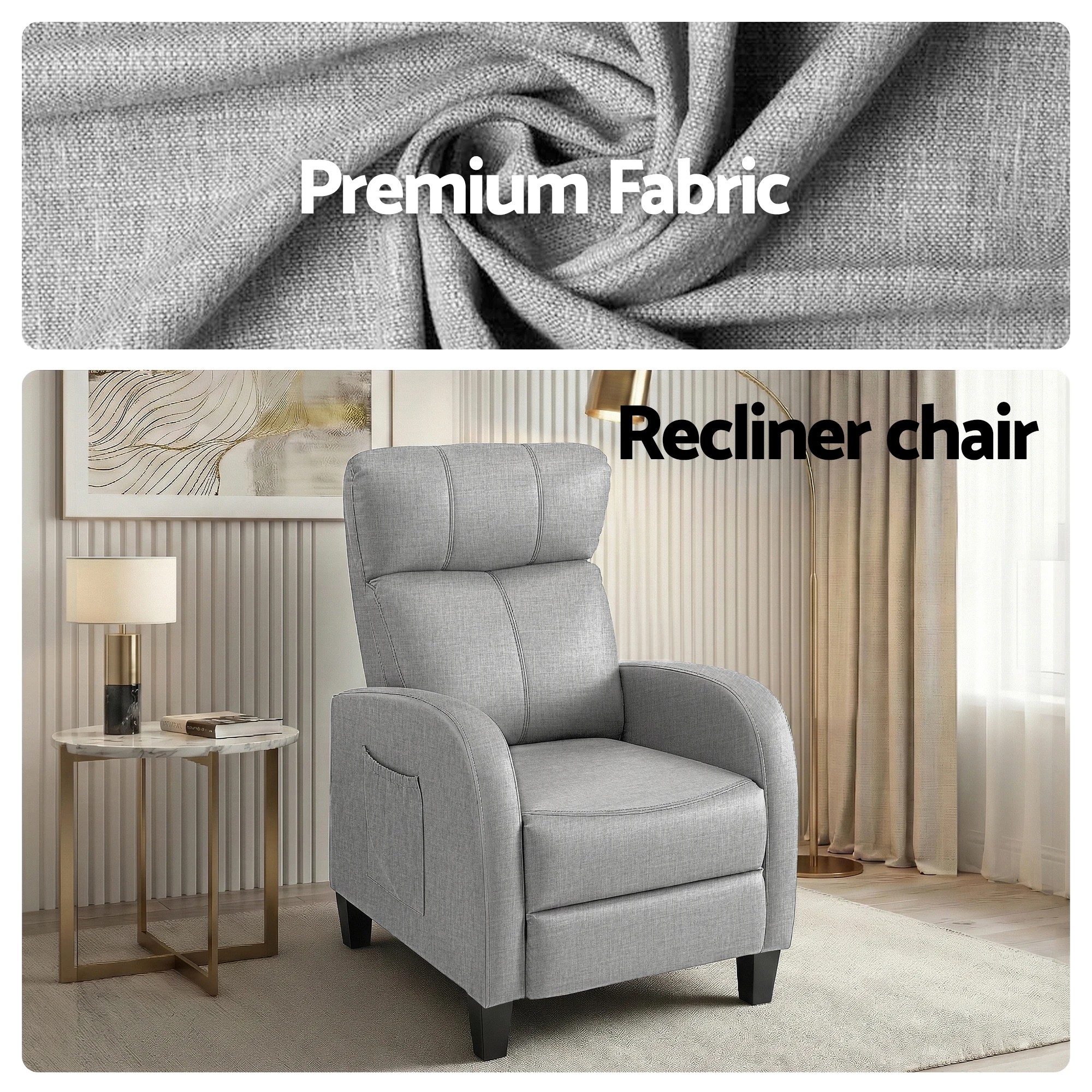 3 Artiss Massage Recliner Chair Small Recliner Sofa for Adults Fabric - Grey, 3 of 6