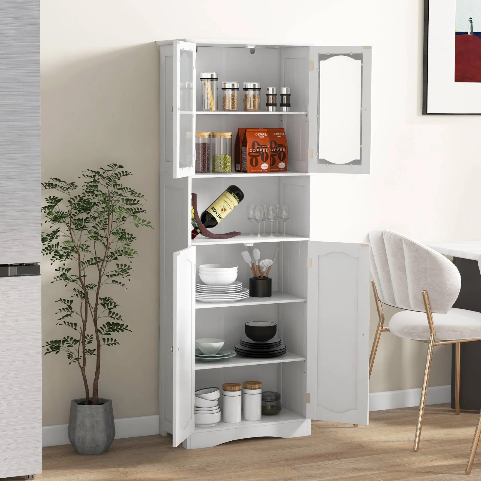 1 Costway 164cm Tall Bathroom Cabinet Freestanding Storage Cabinet w/Tempered Glass Doors, 1 of 2