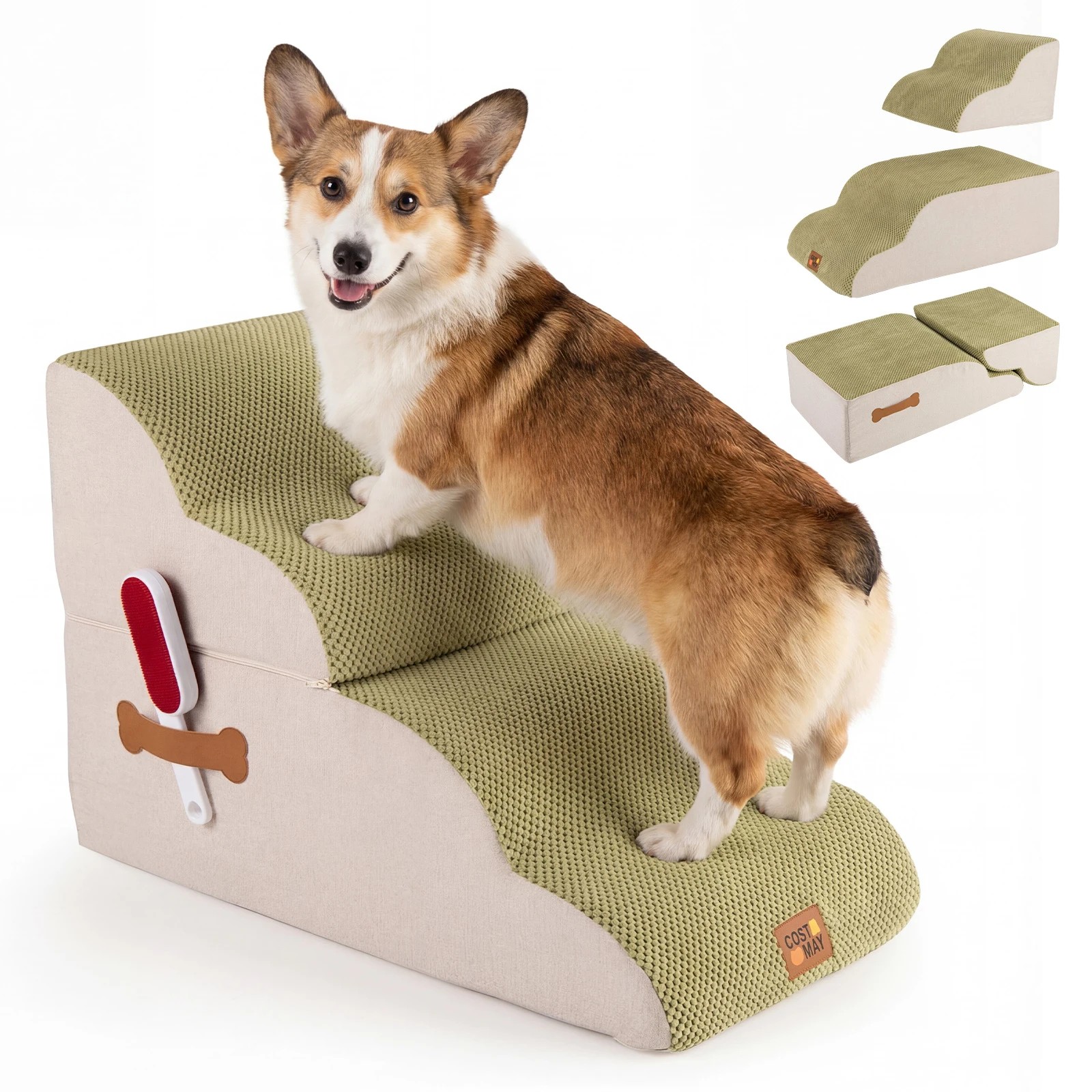 7 Costway 4-Tier Foam Pet Ramp 2-in-1 Dog Stair Ladder w/Hair Remover - Green, 7 of 7