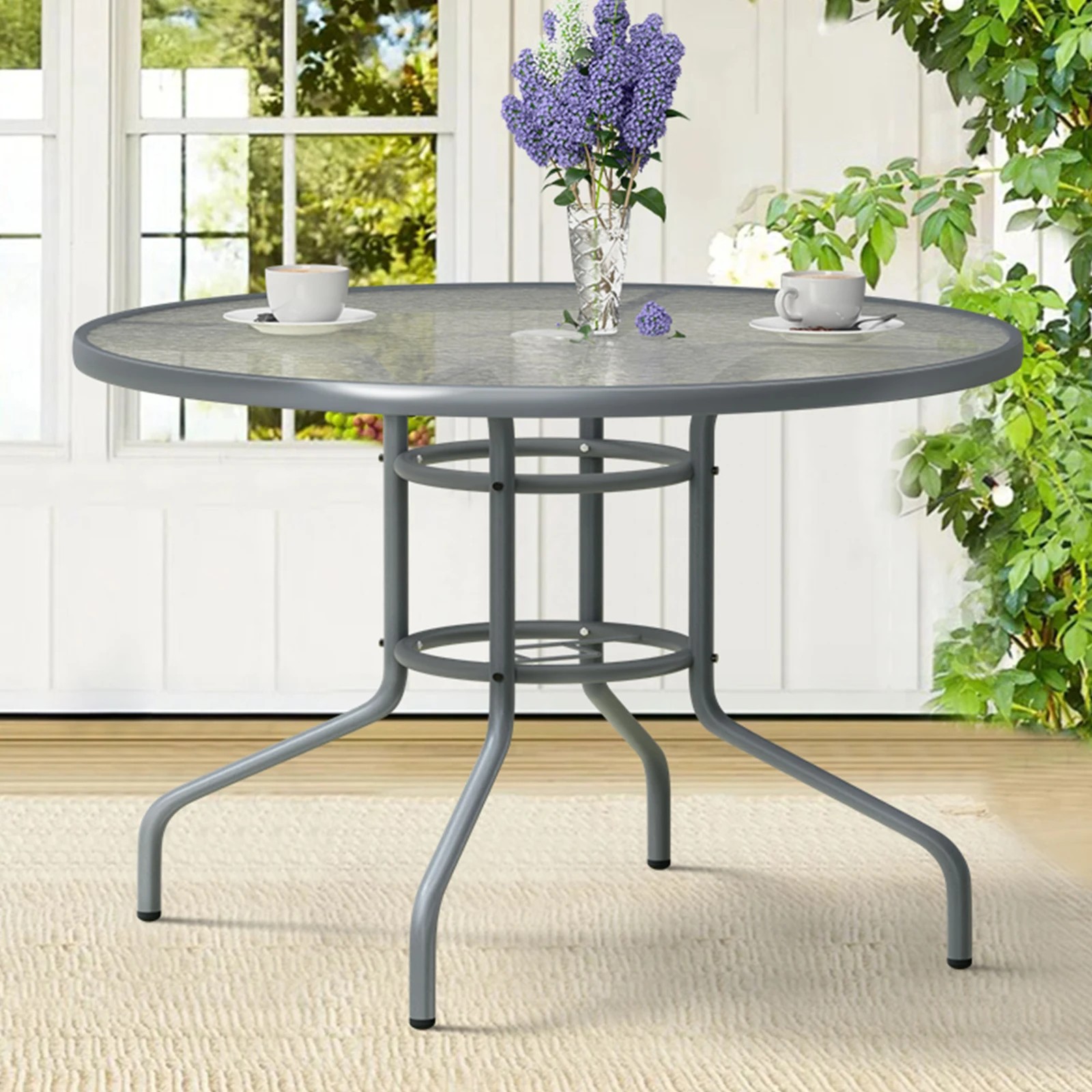2 Alfordson Outdoor Furniture Patio Dining Table Garden 90CM Round Glass - Grey, 2 of 9