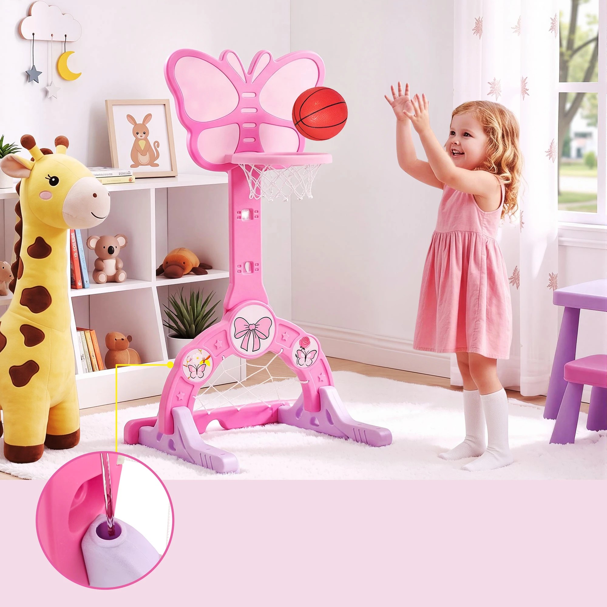 5 Keezi 3-in-1 Kids Basketball Hoop Soccer Goal Golf Game Set with Balls Children Sports Center Butterfly - Pink, 5 of 8