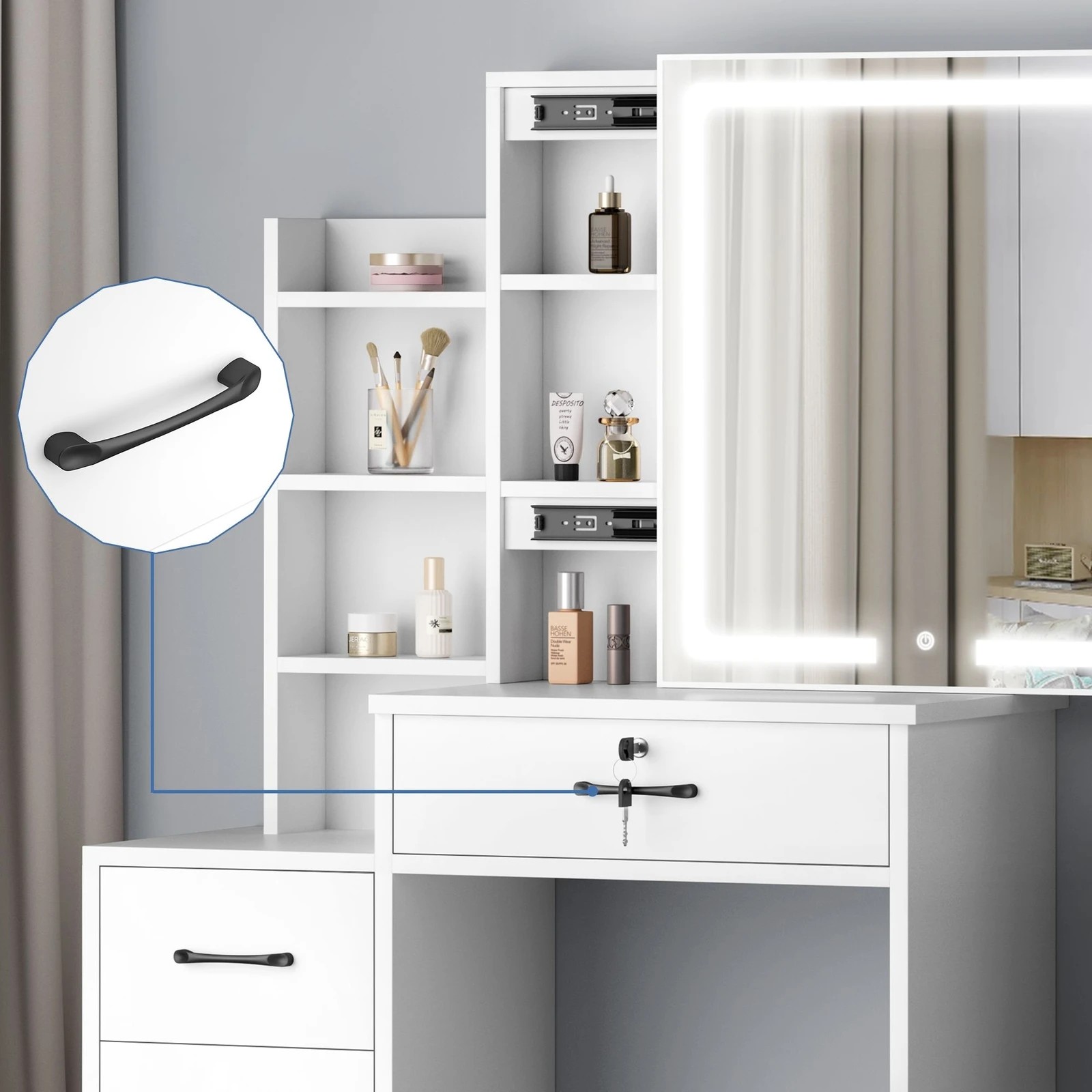 3 Alfordson Dressing Table Stool Set Makeup Mirror Vanity Desk Drawers - White, 3 of 10