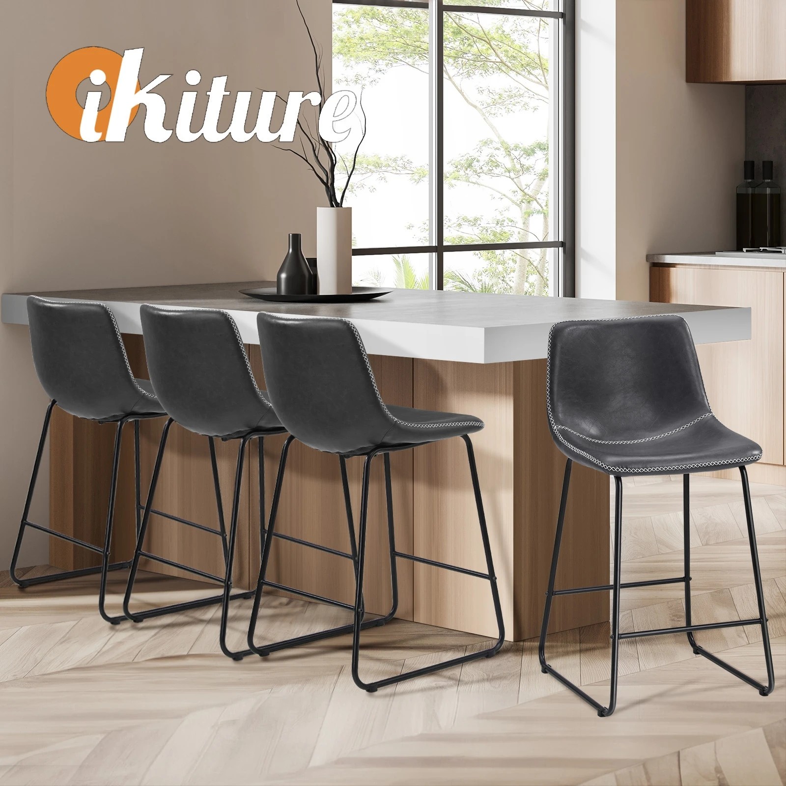 5 Oikiture 4x Bar Stools Kitchen Stool Dining Chairs Metal Leather
 - Grey, 5 of 10