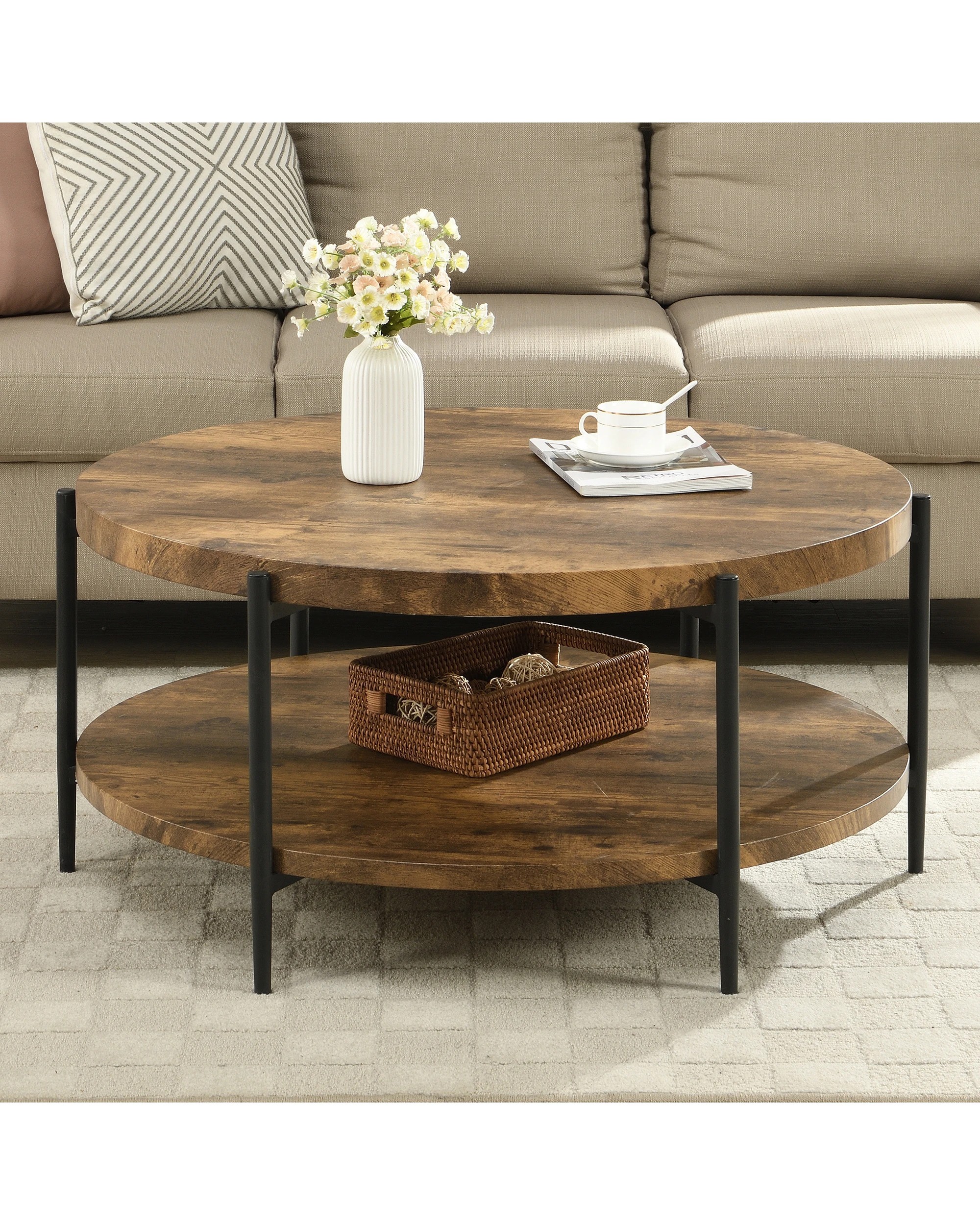 2 IHOMDEC 2-Tier Wooden Round Coffee Table - Brown, 2 of 10