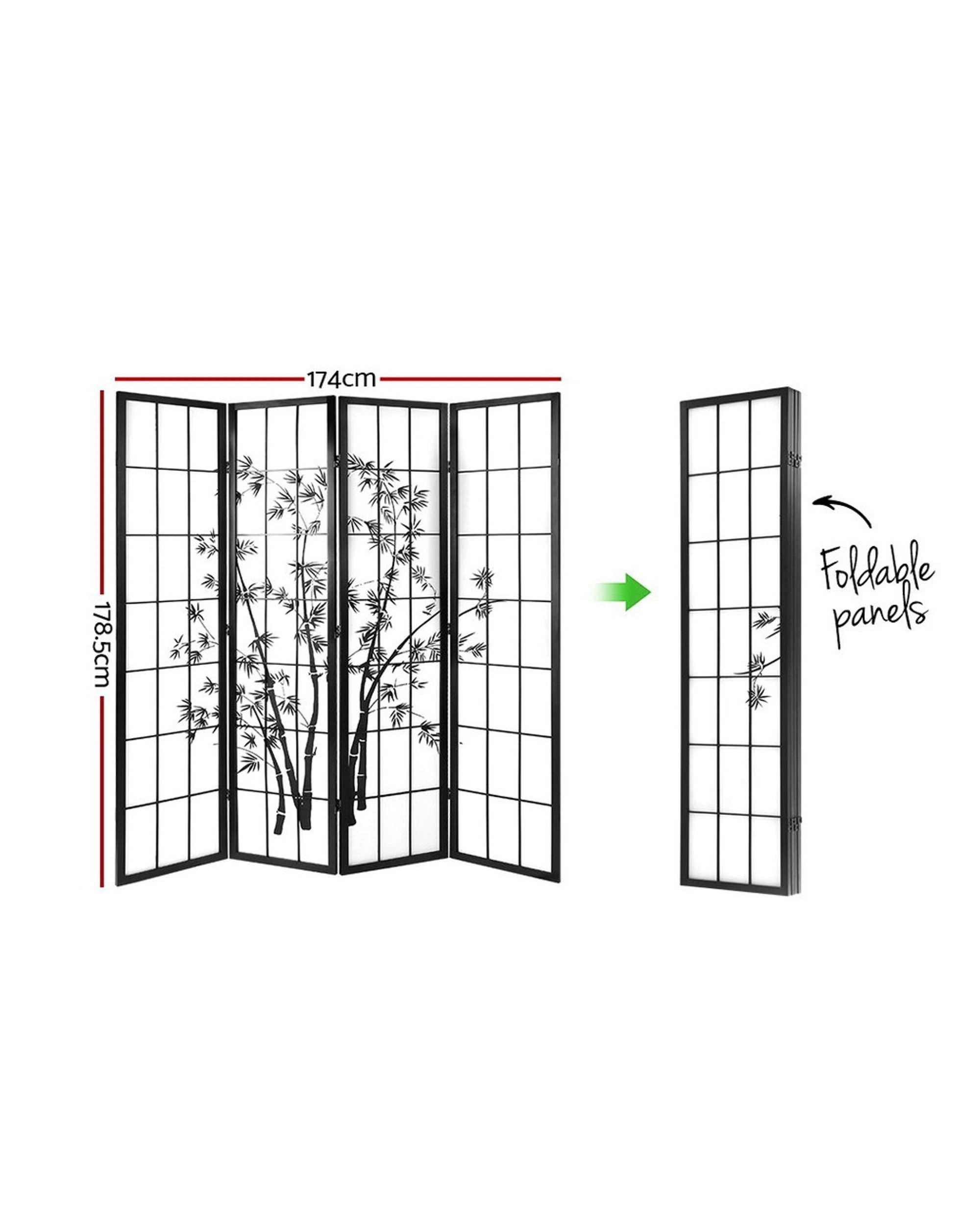 2 Artiss 4 Panel Room Divider Screen 174x179cm Bamboo - Black, 2 of 8