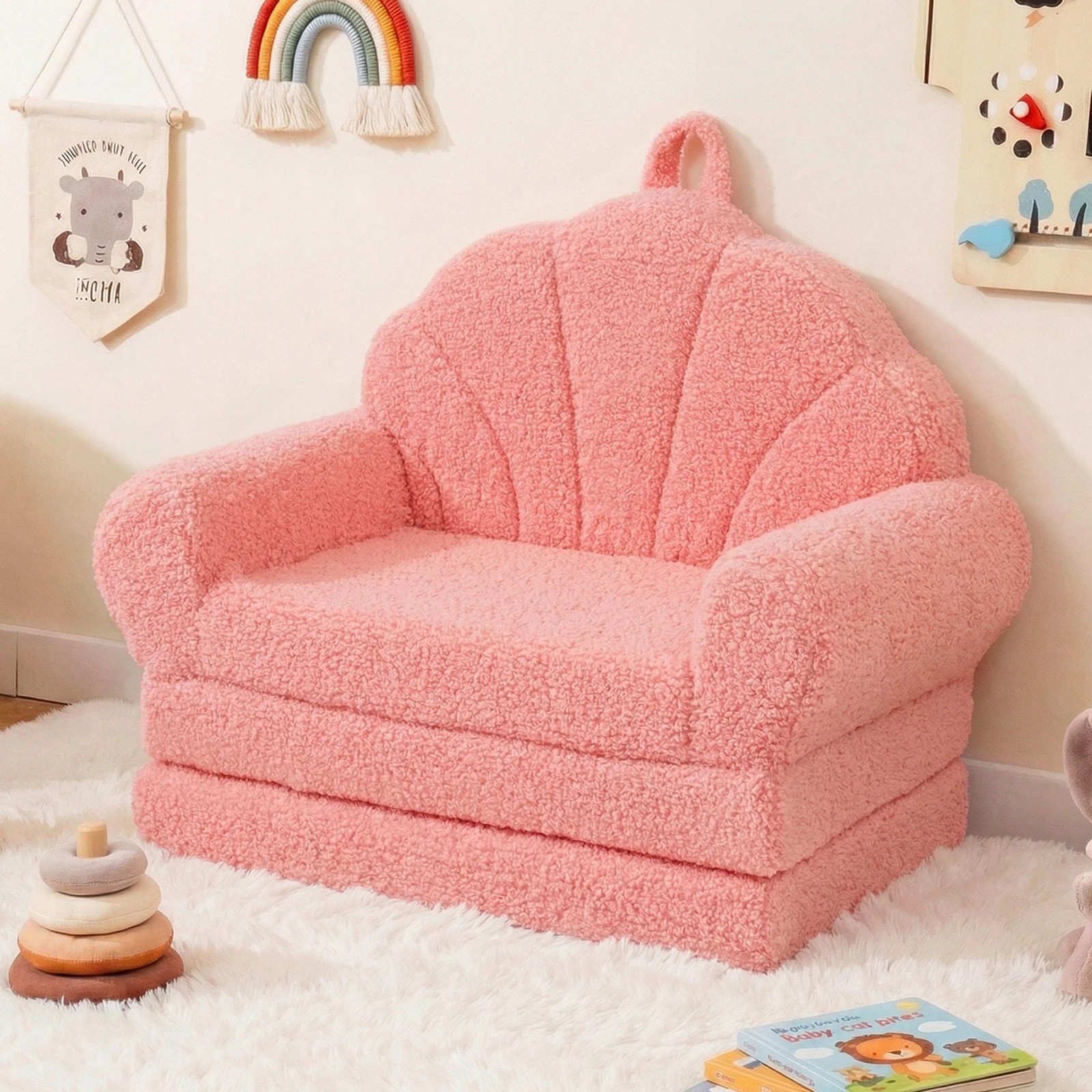 5 Costway Shell Folding Sofa 2-in-1 Flip Out Small Foam Couch Teddy Fleece Lounger - Pink, 5 of 5