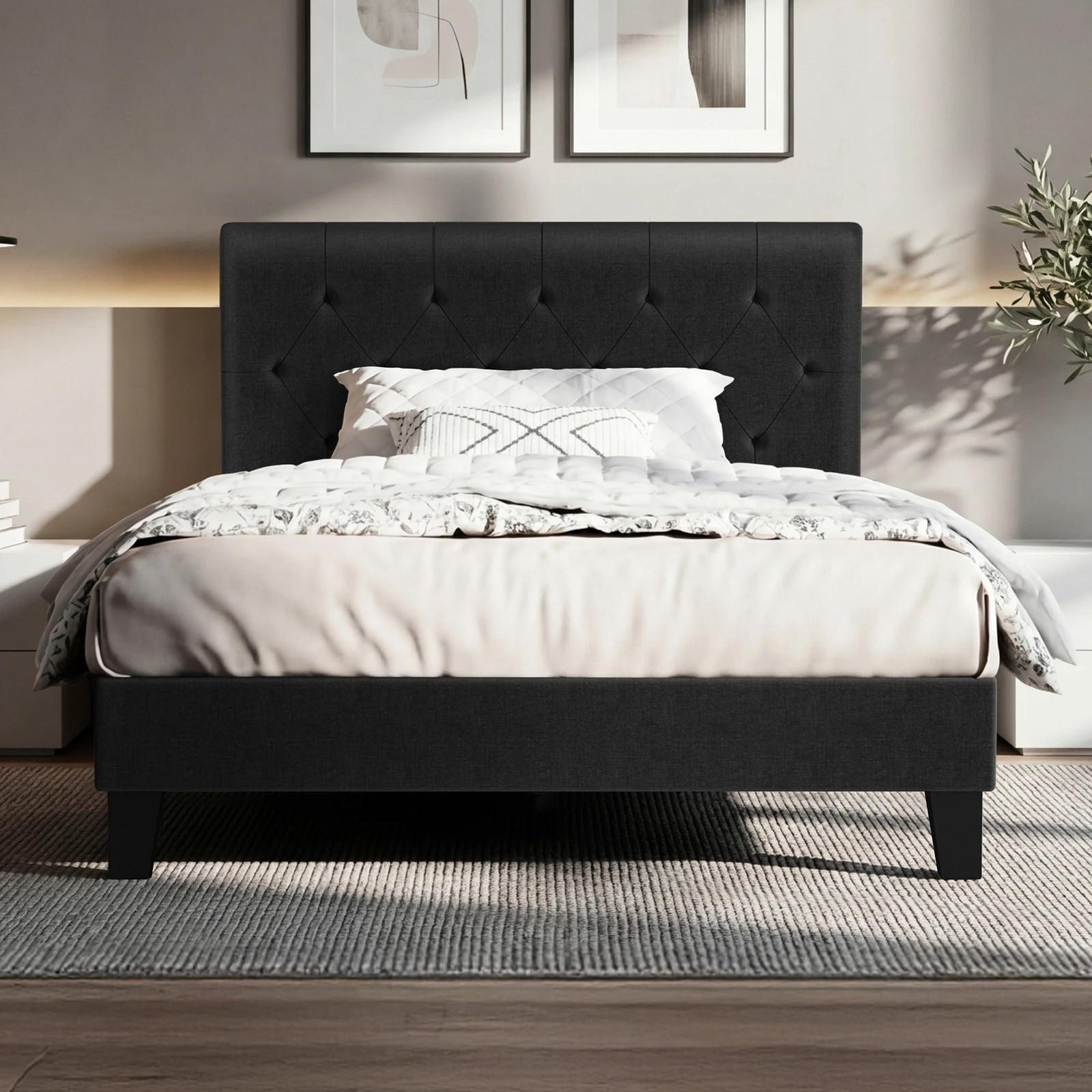 2 Alfordson Bed Frame King Single Tufted Headboard Modern Fabric Meduna - Charcoal, 2 of 9