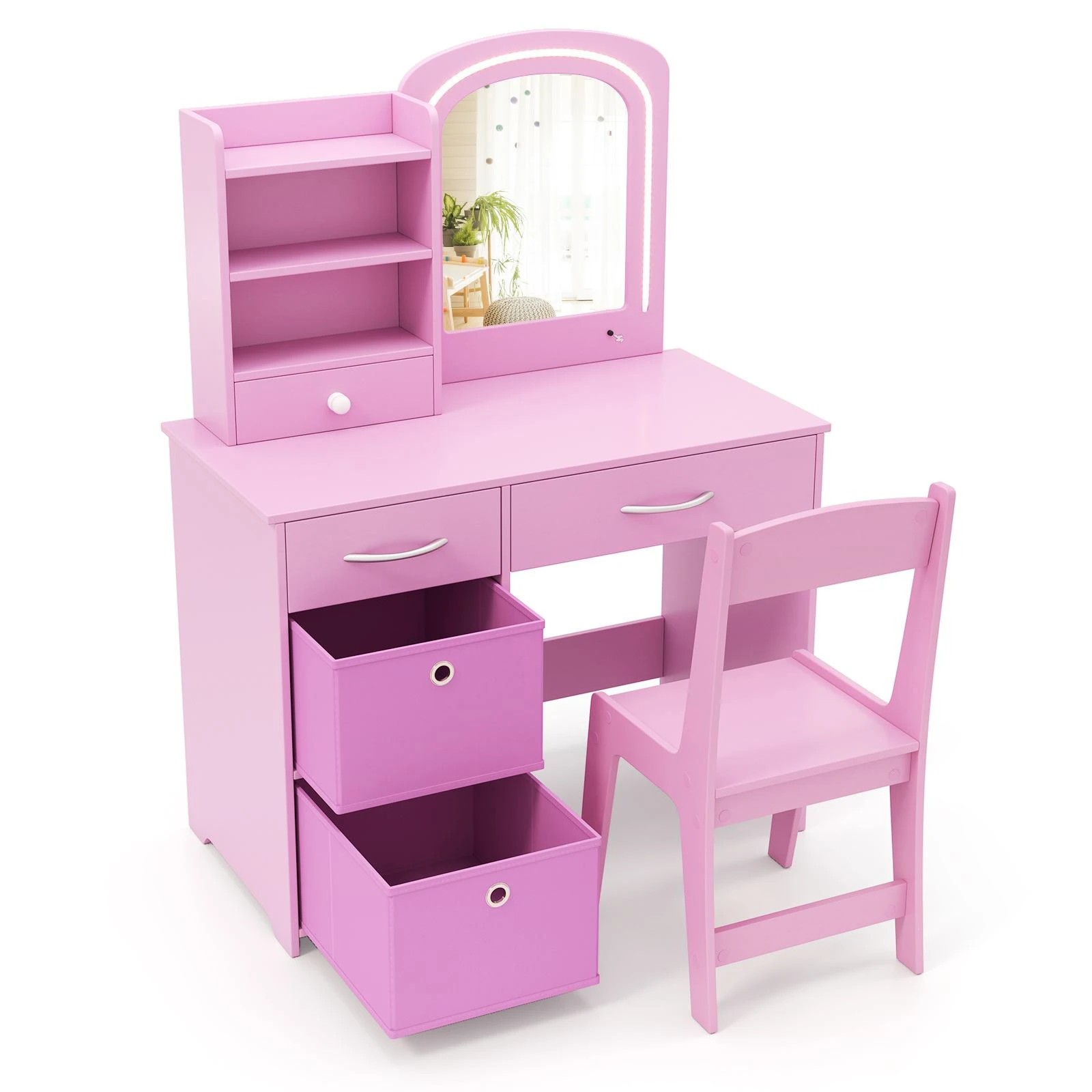 1 Costway Vanity Set Princess Makeup Table & Chair w/Drawers, 1 of 3