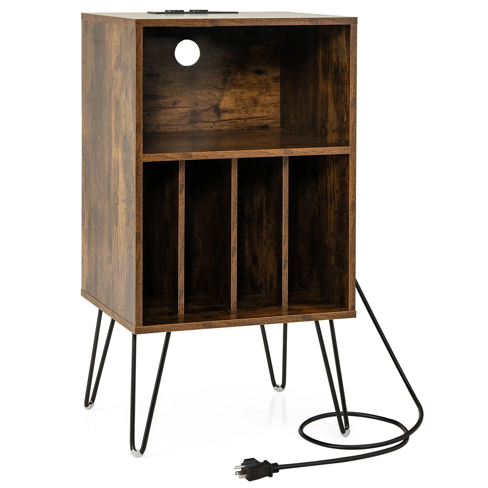 1 Costway Record Player Stand Turnable w/Charging Station Nightstand Bedside Table, 1 of 4