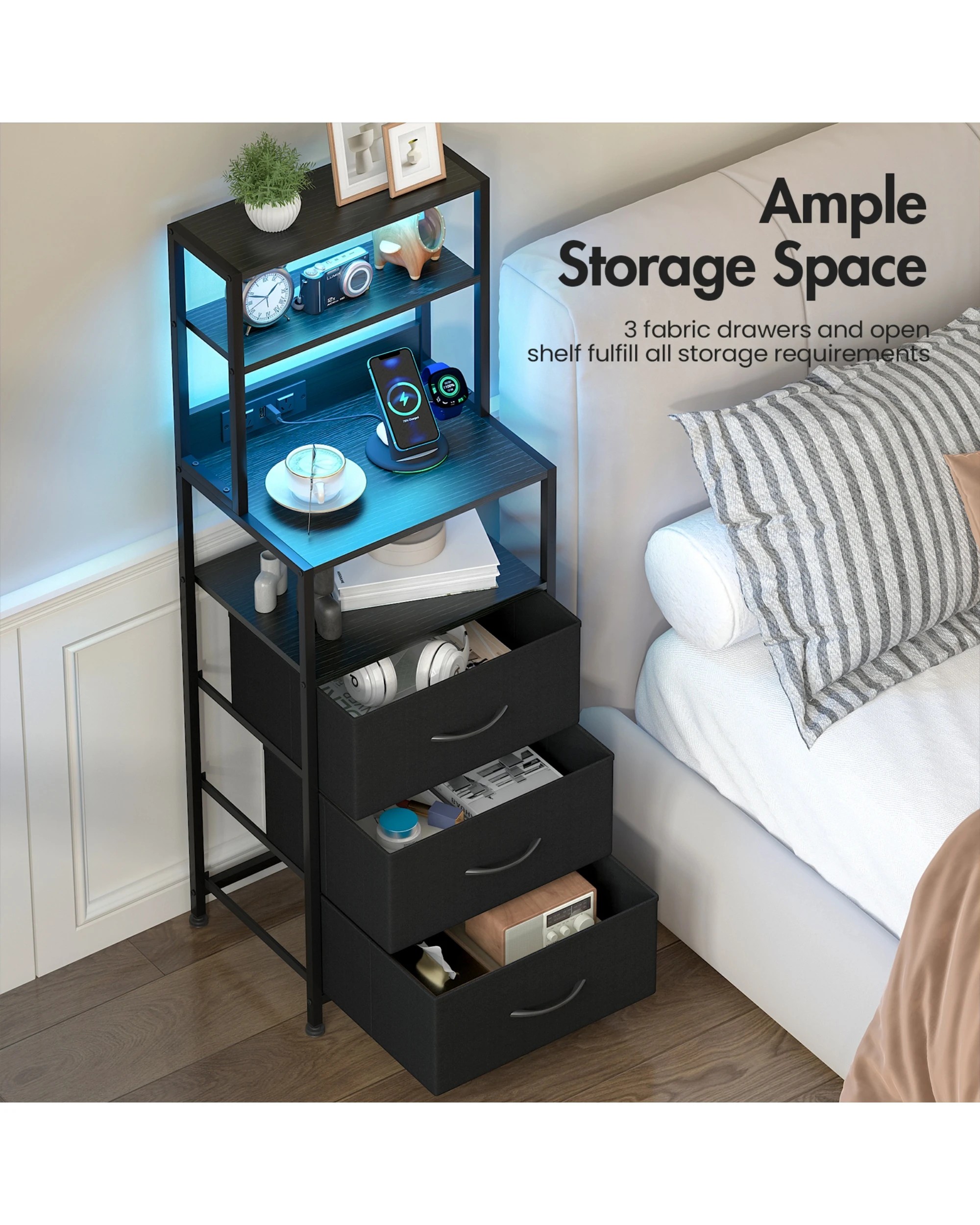 8 Advwin Led Bedside Table With Charging Station 3 Fabric Drawers Nightstand
 - Black, 8 of 9