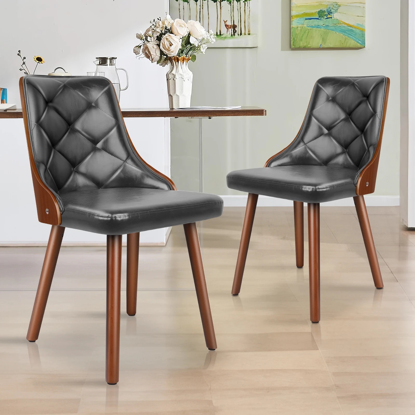 2 Alfordson 2x Dining Chairs Wooden Kitchen Chair Padded Tufted PU Leather - Grey, 2 of 10