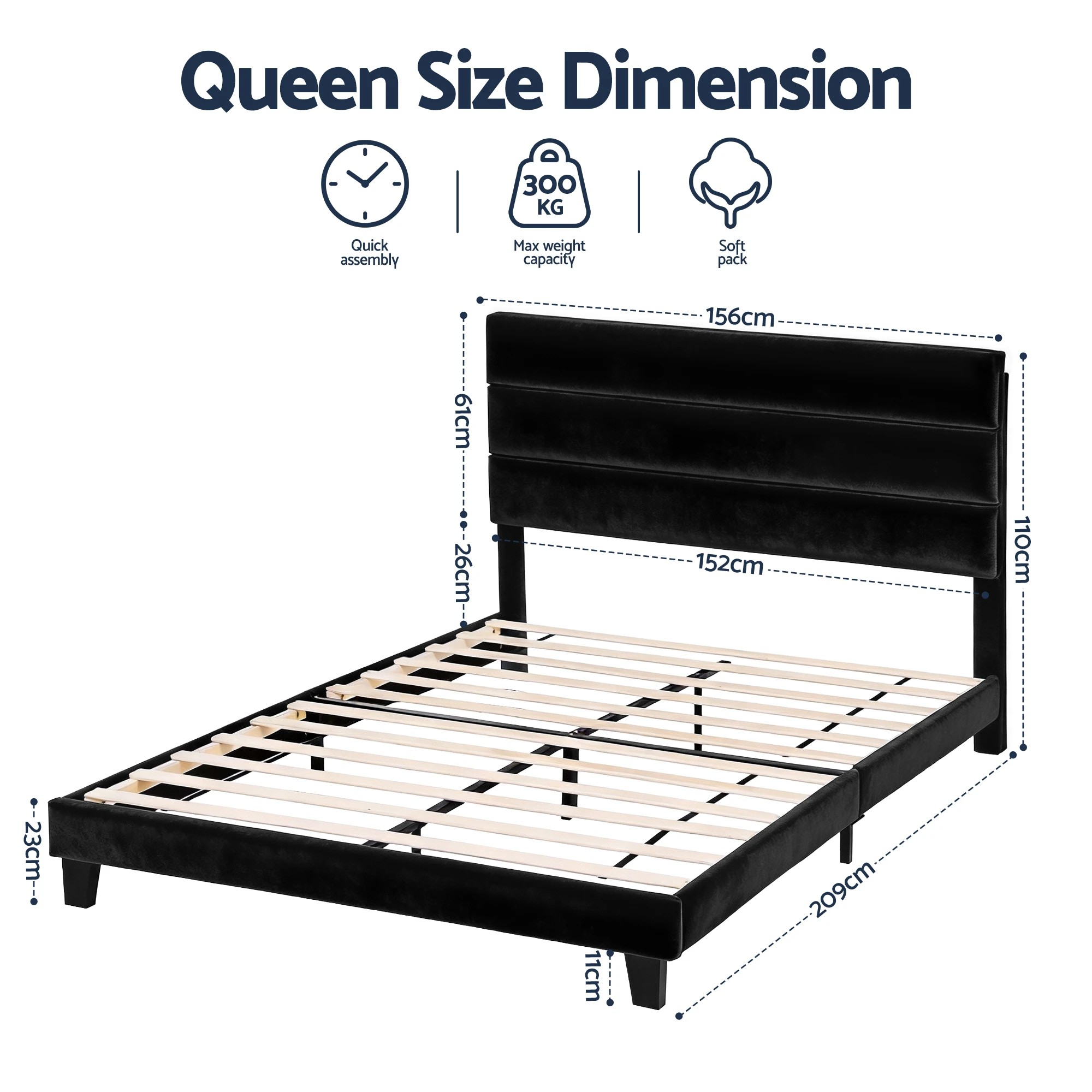 2 Artiss Queen Bed Frame Upholste Platform Base with Geometric Headboard - Black, 2 of 2