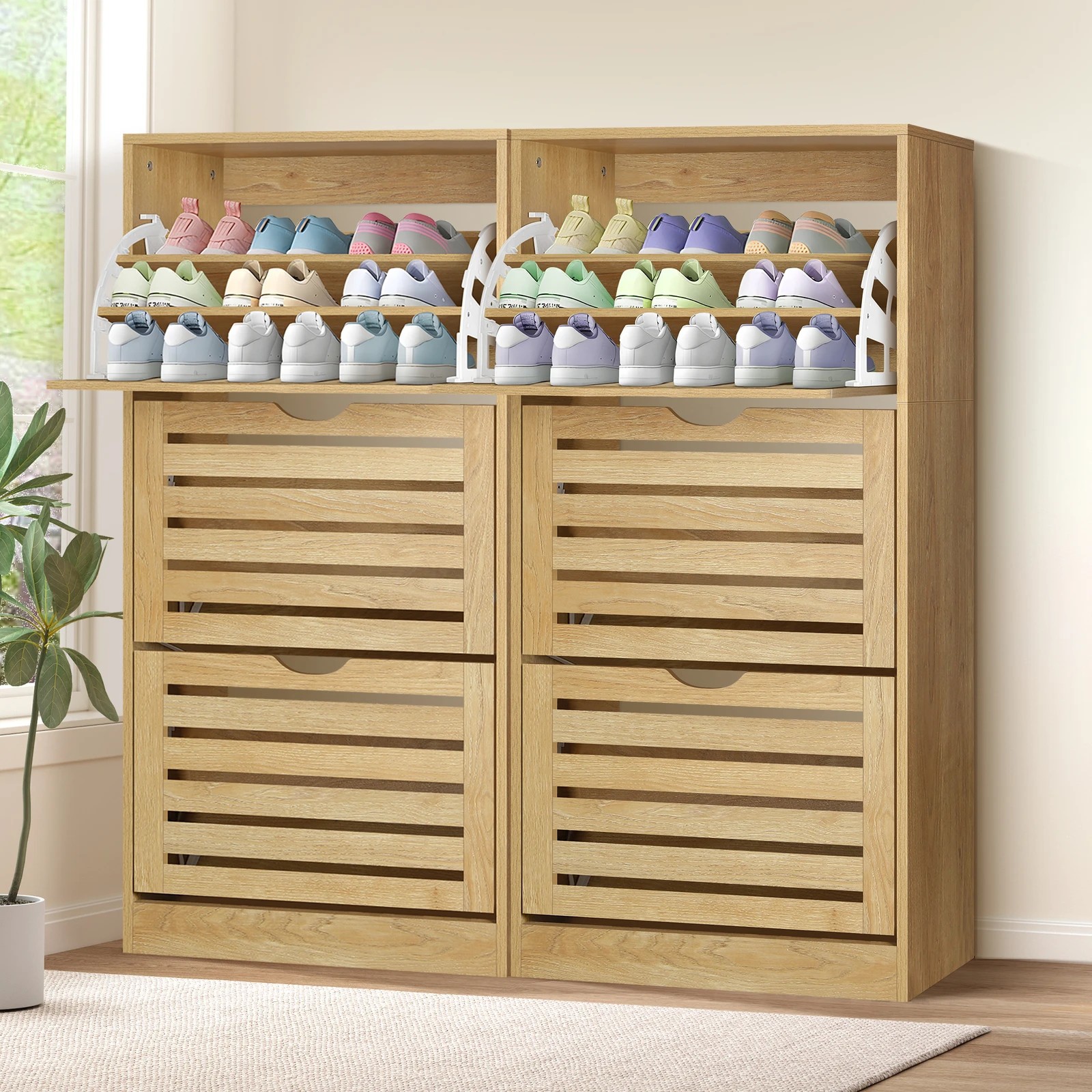 1 Alfordson 2x Shoe Cabinet Organiser Storage Rack Flip Drawers - Oak, 1 of 10