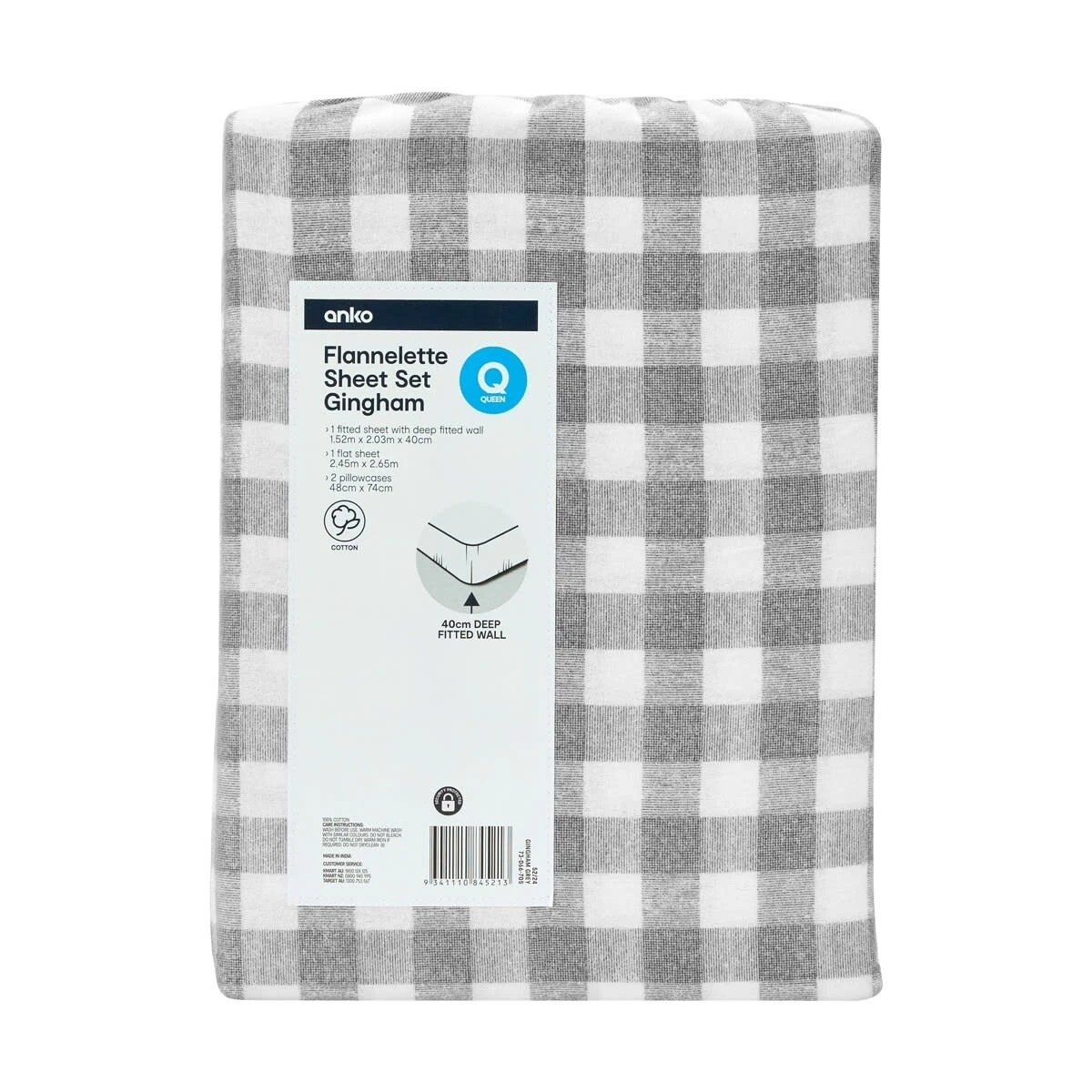 7 Gingham Cotton Flannelette Sheet Set - Queen Bed, Grey, 7 of 7