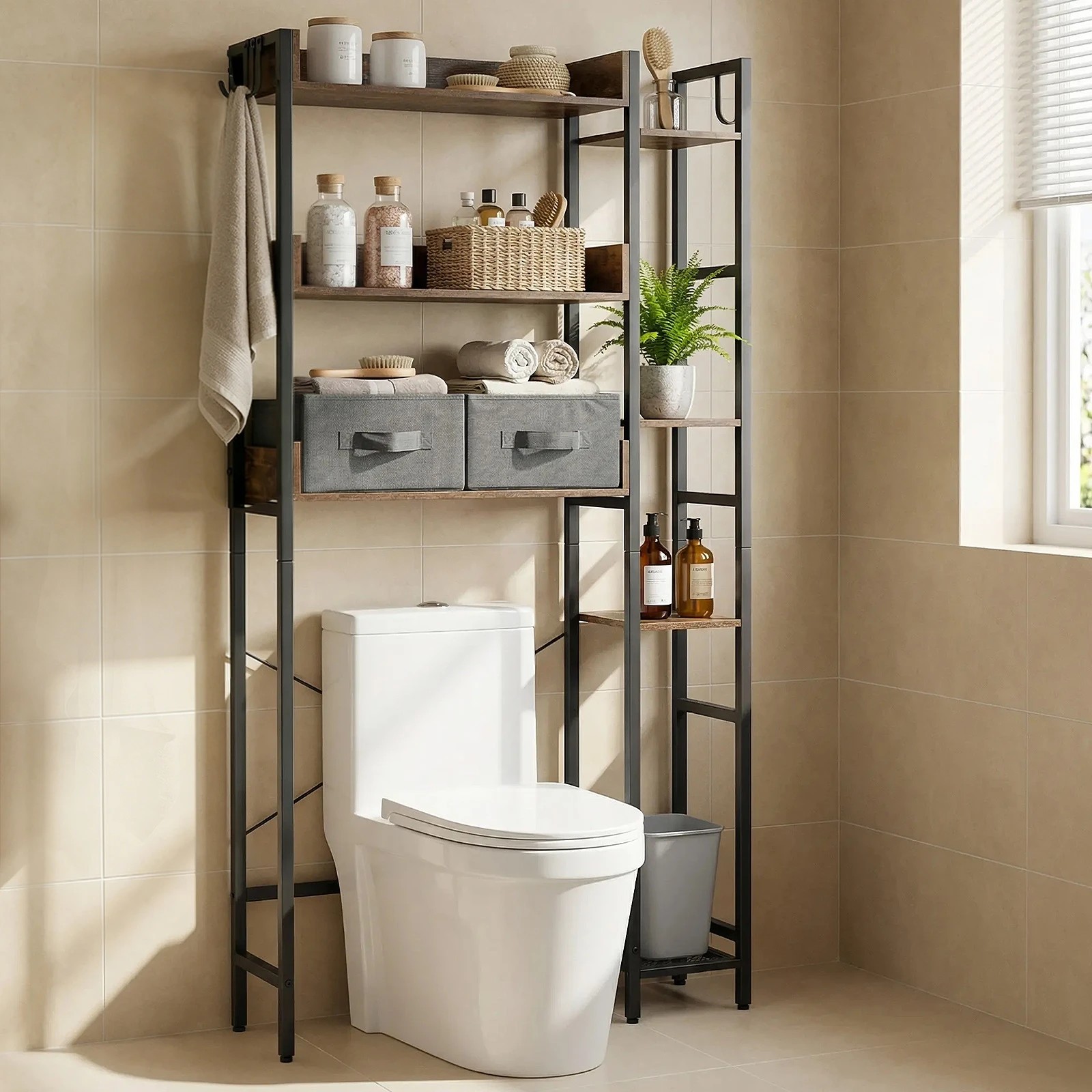 3 Costway 7-Tier Over the Toilet Storage Rack w/2 Fabric Drawers Bathroom Organizer, 3 of 7