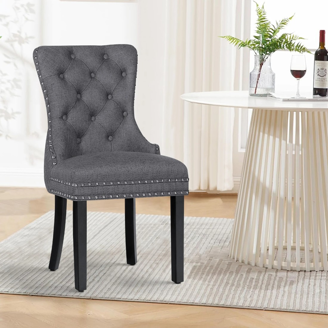 3 Alfordson 2x Dining Chair Kitchen Lounge Retro Button Tufted Wooden Fabric - Grey, 3 of 10