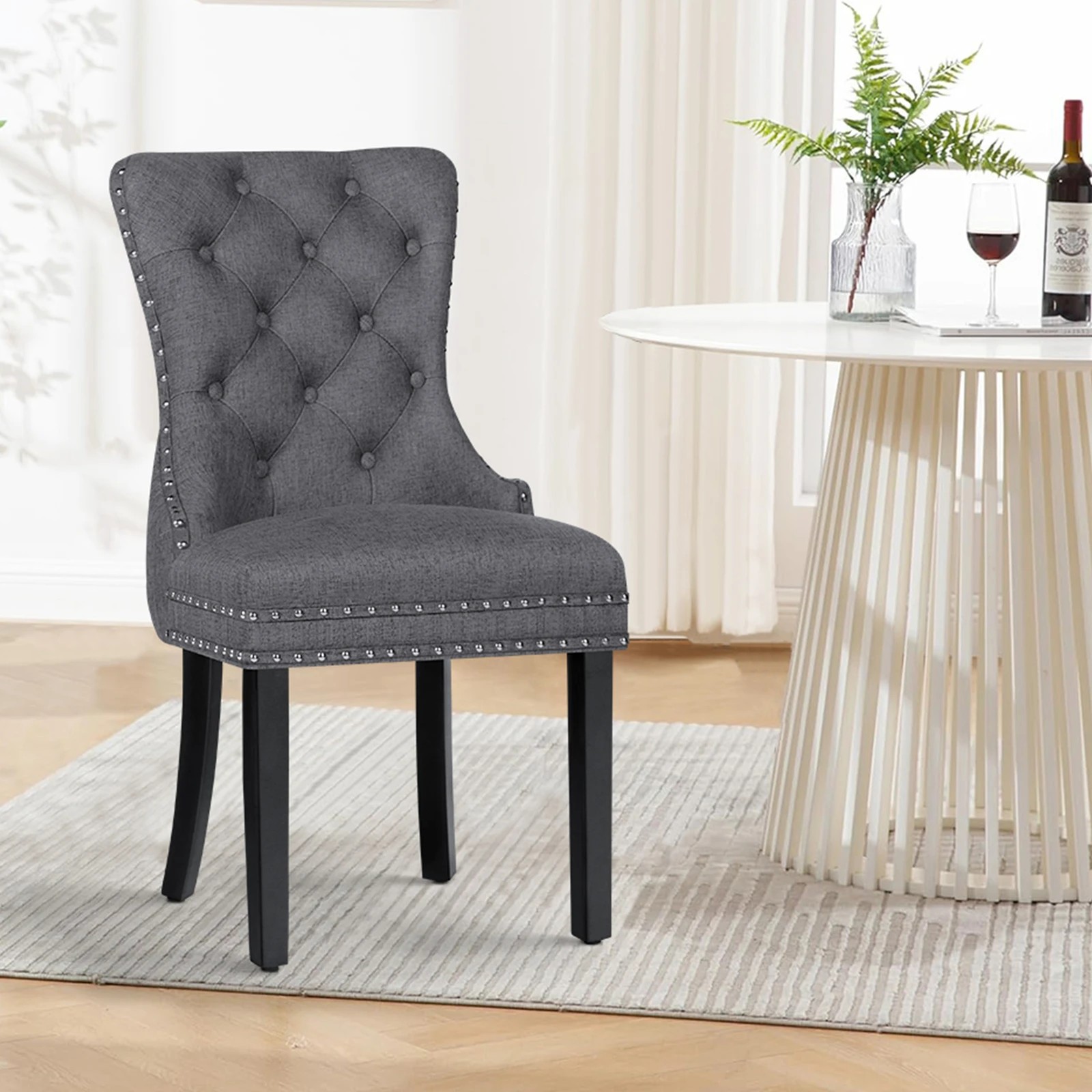 3 Alfordson 2x Dining Chair Kitchen Lounge Retro Button Tufted Wooden Fabric - Grey, 3 of 10
