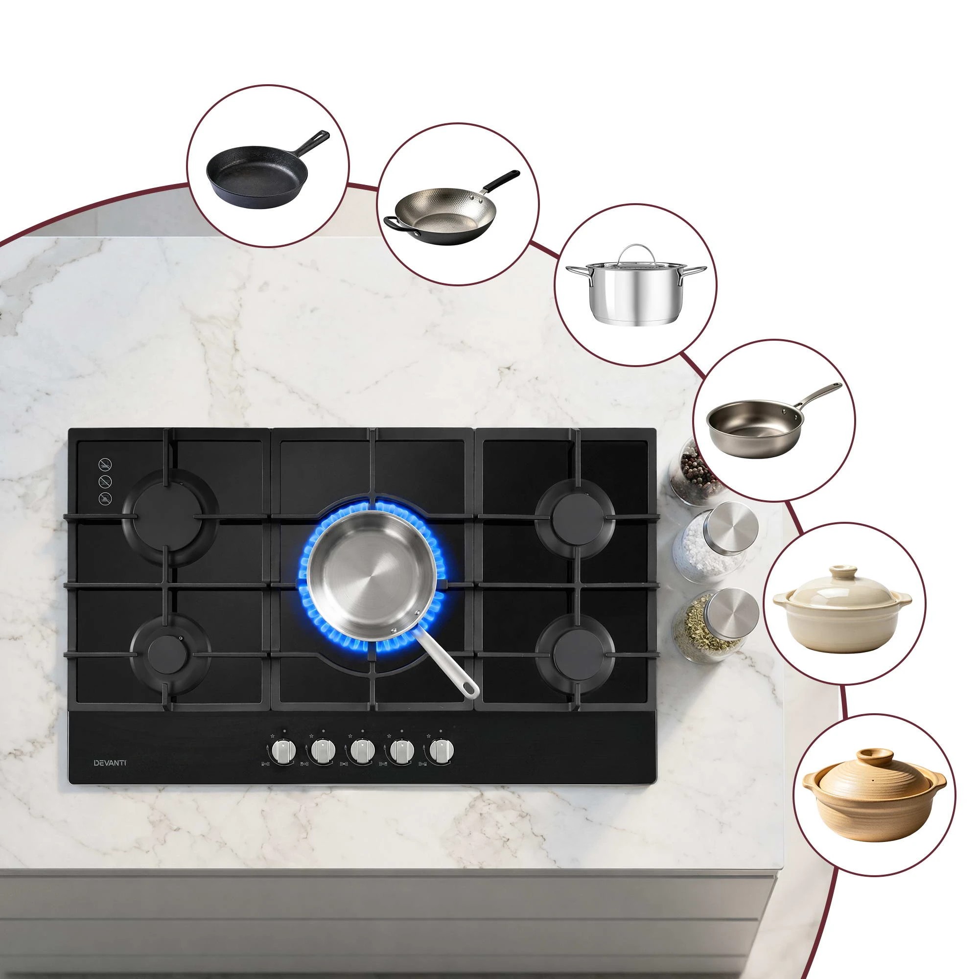 8 Devanti 90cm 5 Burner Gas Cooktop - Black, 8 of 9