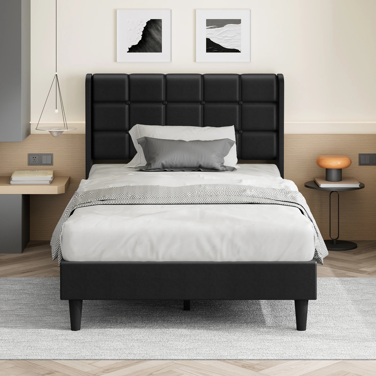 3 Alfordson Bed Frame Single Size Upholstered Wingback Base Leather Sarah - Black, 3 of 10