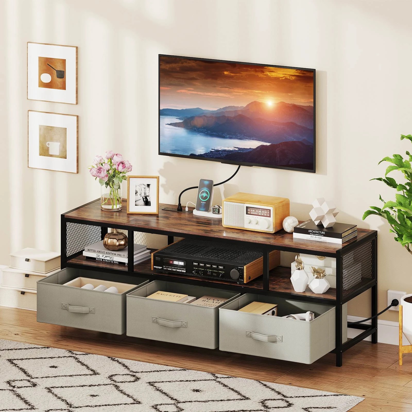 3 Costway TV Cabinet 3-Tier Entertain Unit w/Power Outlets for TVs up to 65” Storage Center - Brown, 3 of 5