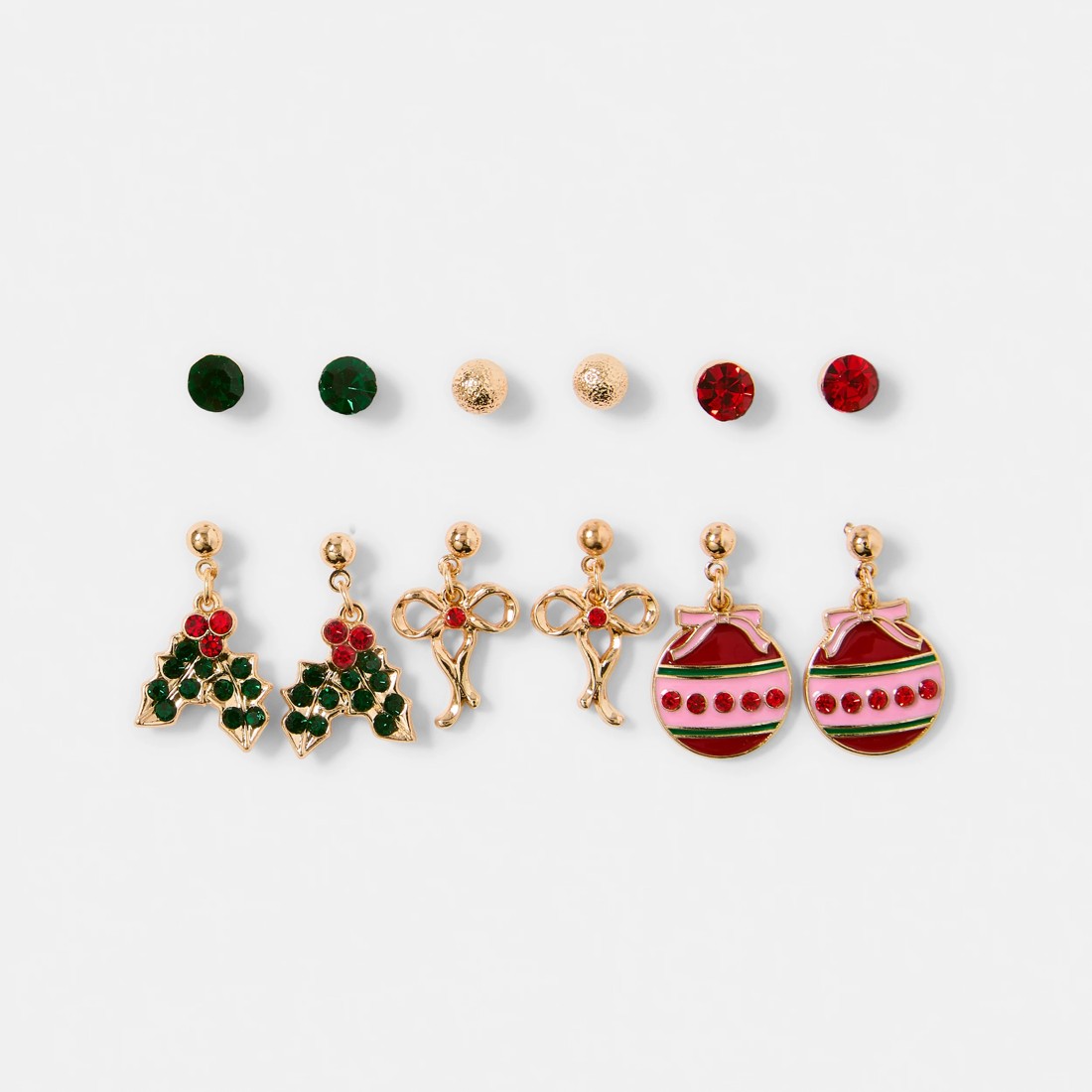 1 6 Pack Christmas Mistletoe Earrings - Pink, Red, Green and Gold Tone, 1 of 5