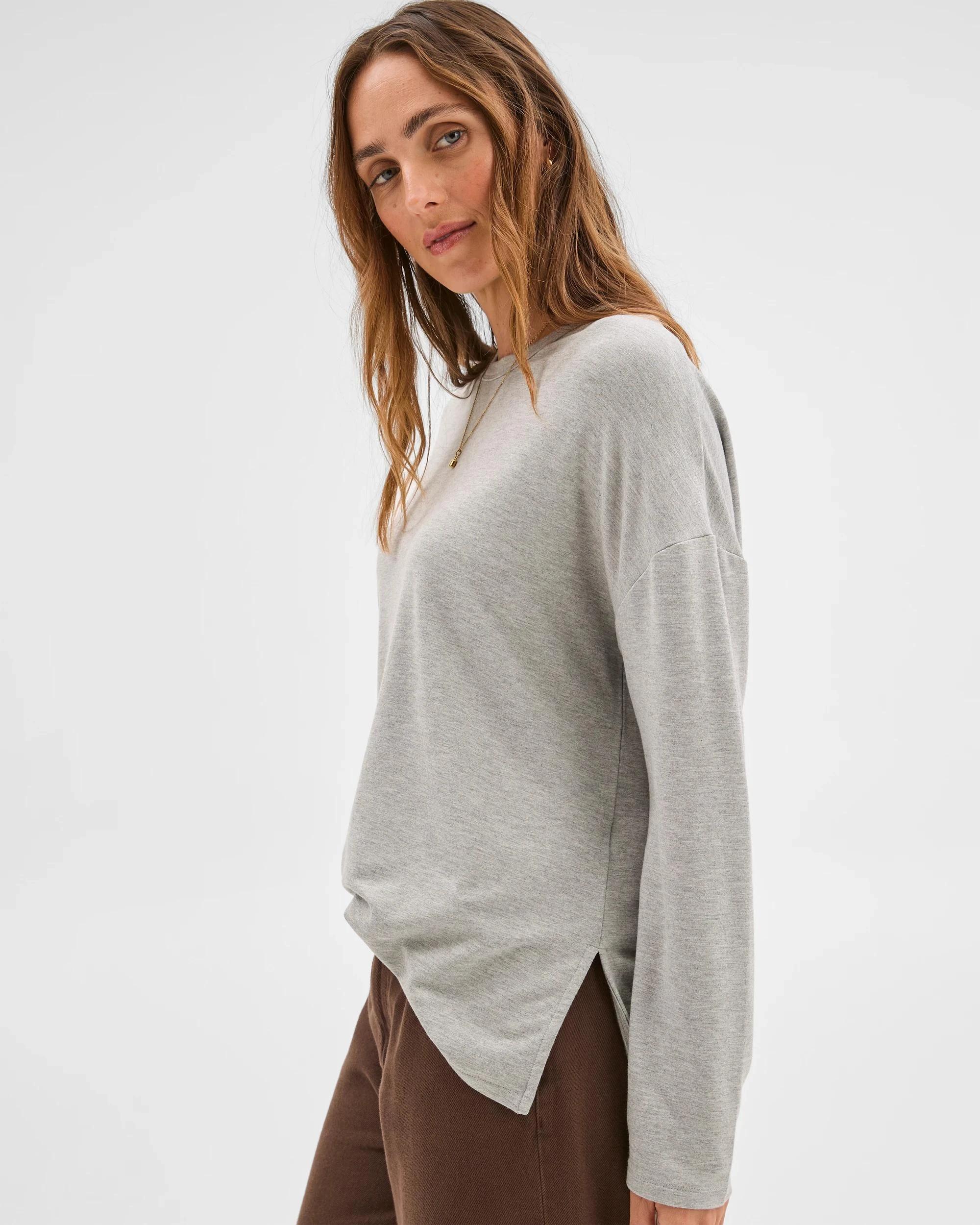 3 Target Woman Long Sleeve Drop Shoulder Curved Hem Top GREY, 3 of 5