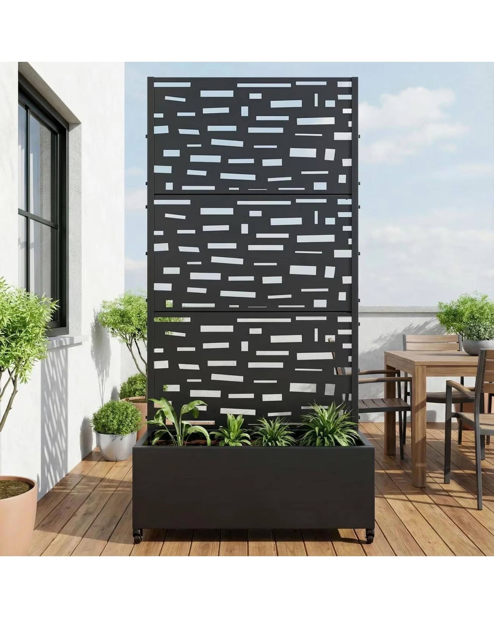2 OAKORY 180cm Metal Planter Box with Privacy Screen and Lockable Wheels, Drainage Hole, Raised Garden Bed Design - Black, 2 of 5
