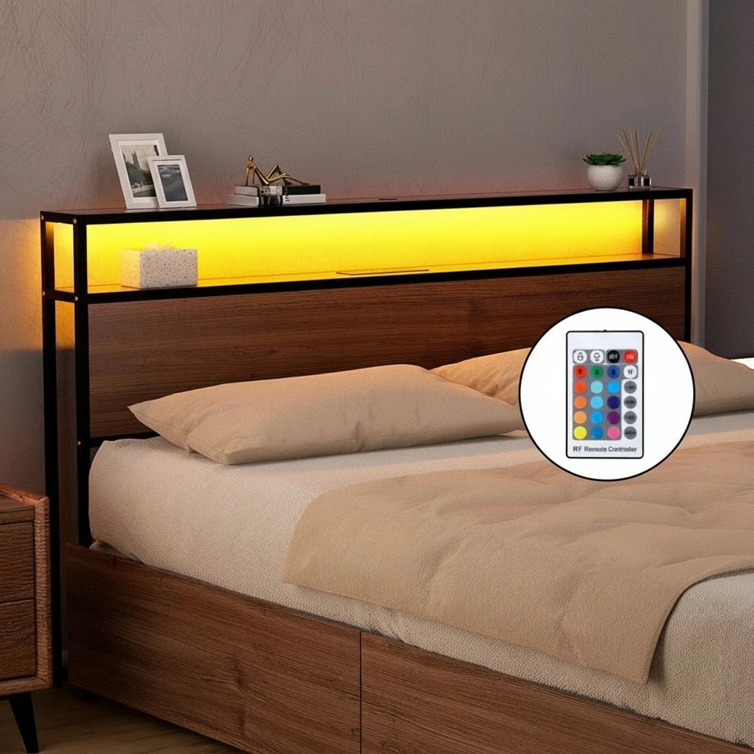 5 Artiss Metal Bed Frame King Size LED Storage Headboard USB Charge 4 Drawers - Black, 5 of 6