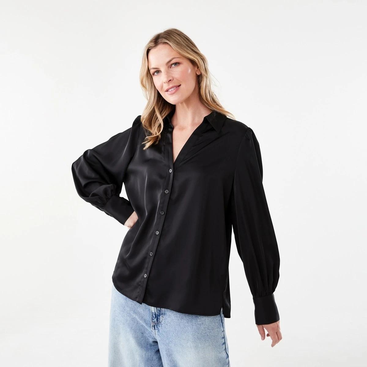 2 Long Sleeve Satin Shirt Black, 2 of 6