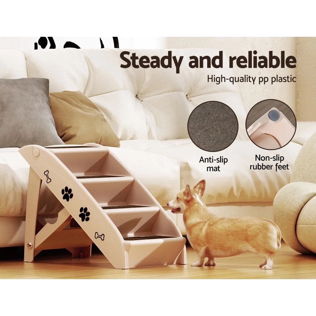 5 i.Pet Dog Ramp Steps For Bed Sofa Car Pet Stairs Ladder Portable Foldable - Beige, 5 of 7