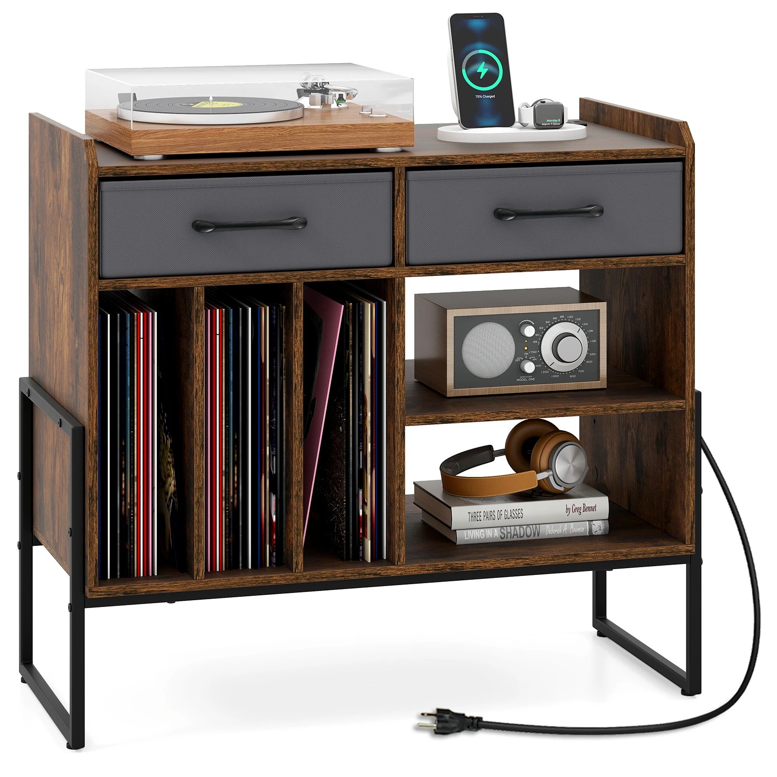 4 Costway Record Player Stand Vinyl Cabinet w/Charging Station, 4 of 4