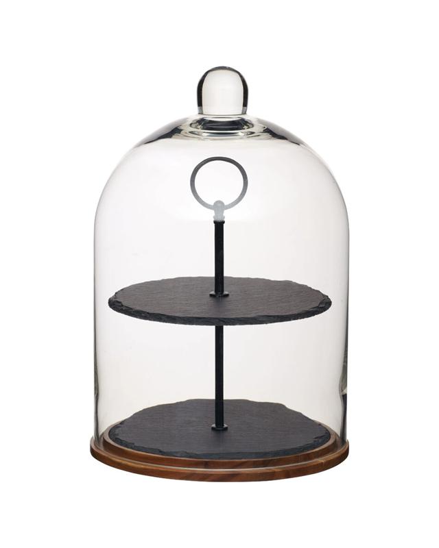 Artesa Appetiser Two Tier Serving Dome With Wood Base Slate Trays Glass Dome - M