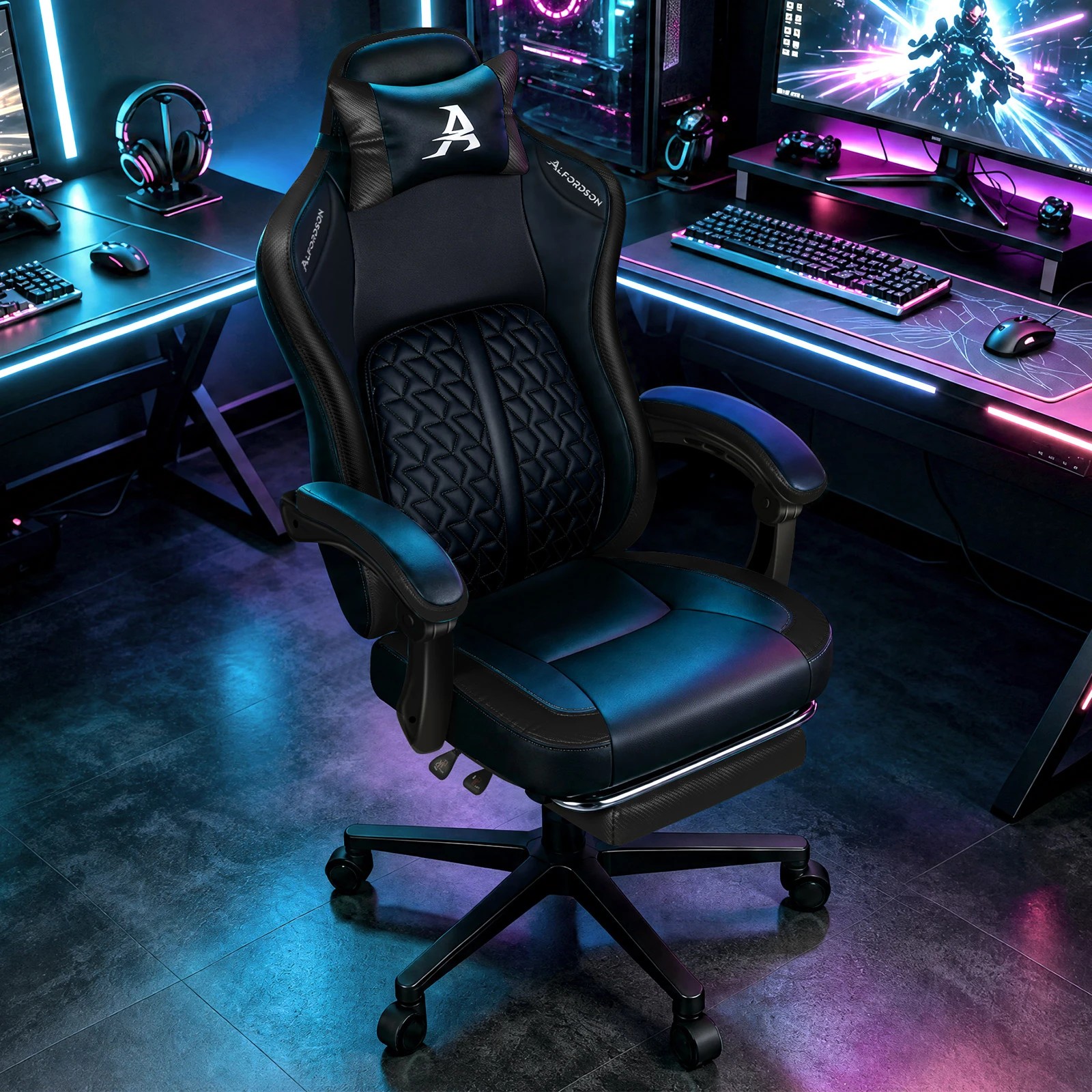 4 Alfordson Gaming Office Chair Ergonomic Computer Footrest Leather - Black, 4 of 9