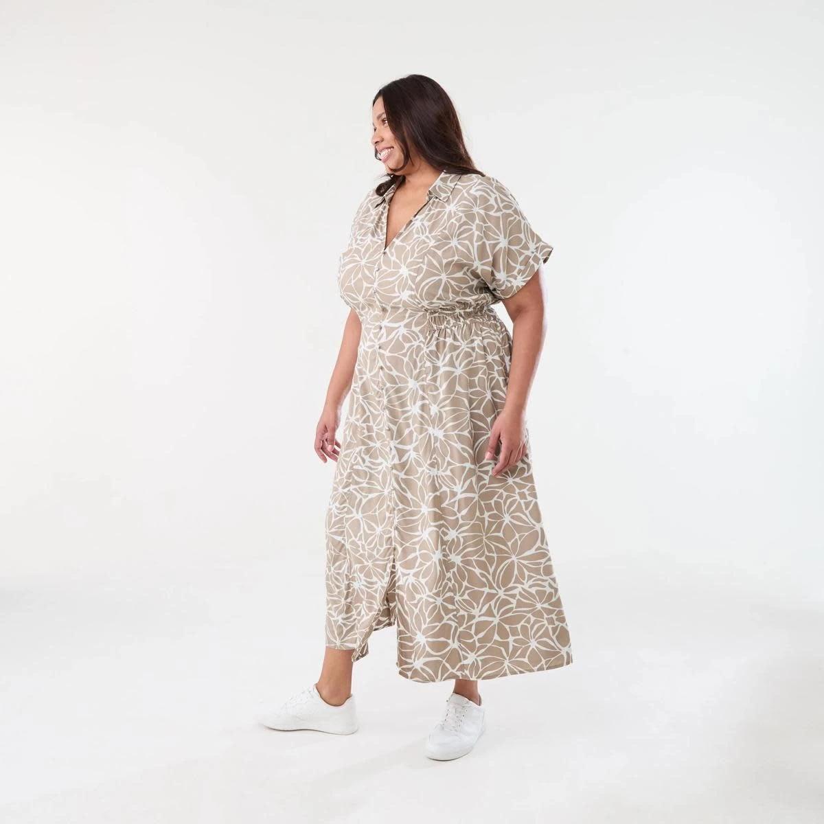 2 Curve Short Sleeve Shirt Midi Dress BROKEN FLORAL DUNE BEIGE, 2 of 6