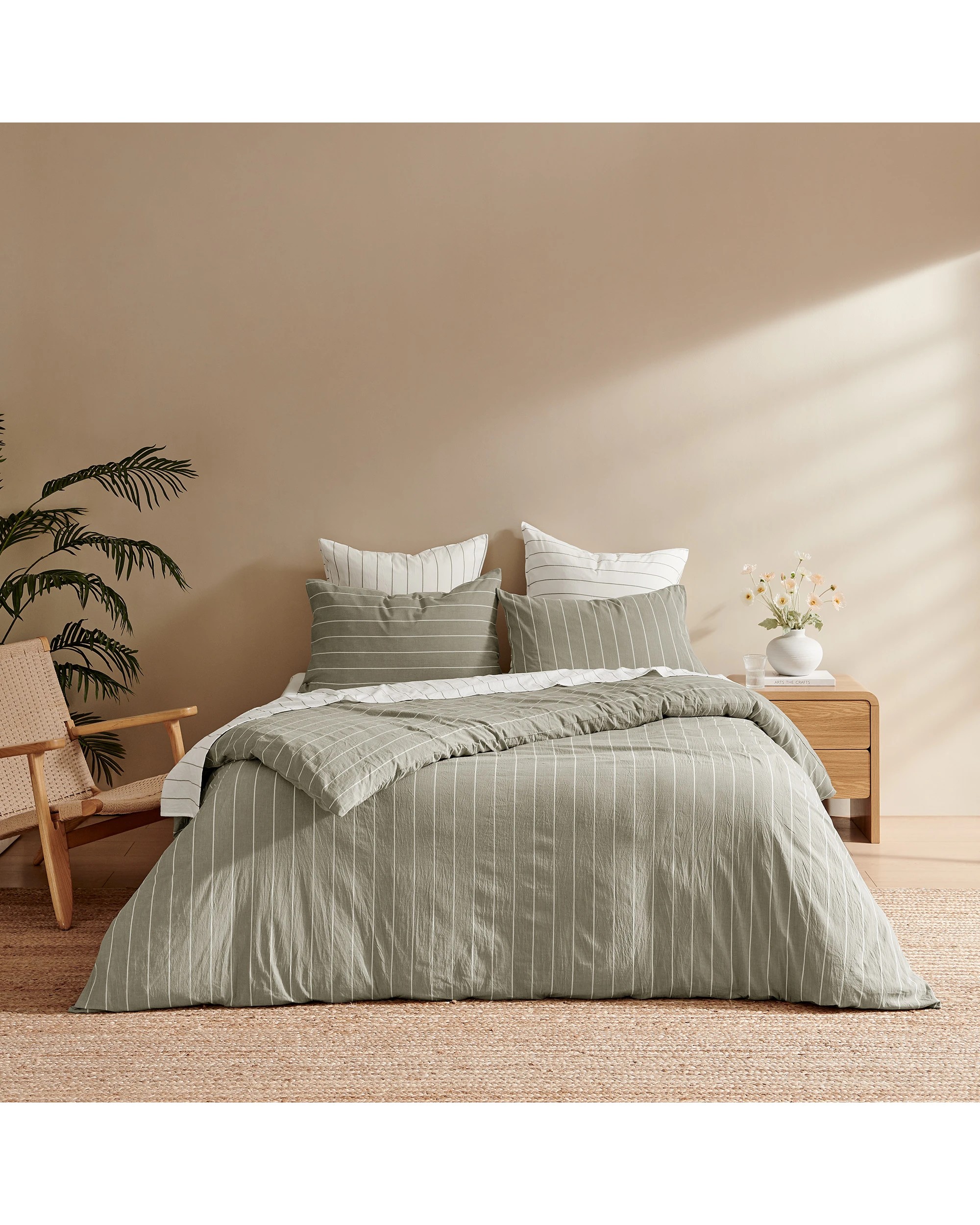 4 Dreamaker Rumi Stripe Washed Cotton Reversible European Pillowcase Twin Pack - White with Olive, 4 of 4