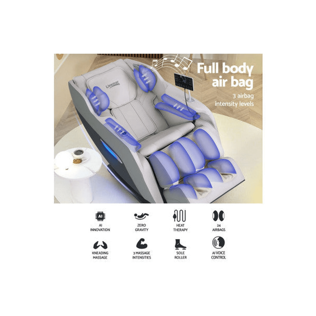 4 Livemor Brisa Electric Massage Chair, Zero-Gravity Recliner with Heat, Bluetooth and AI Voice - Grey, 4 of 6