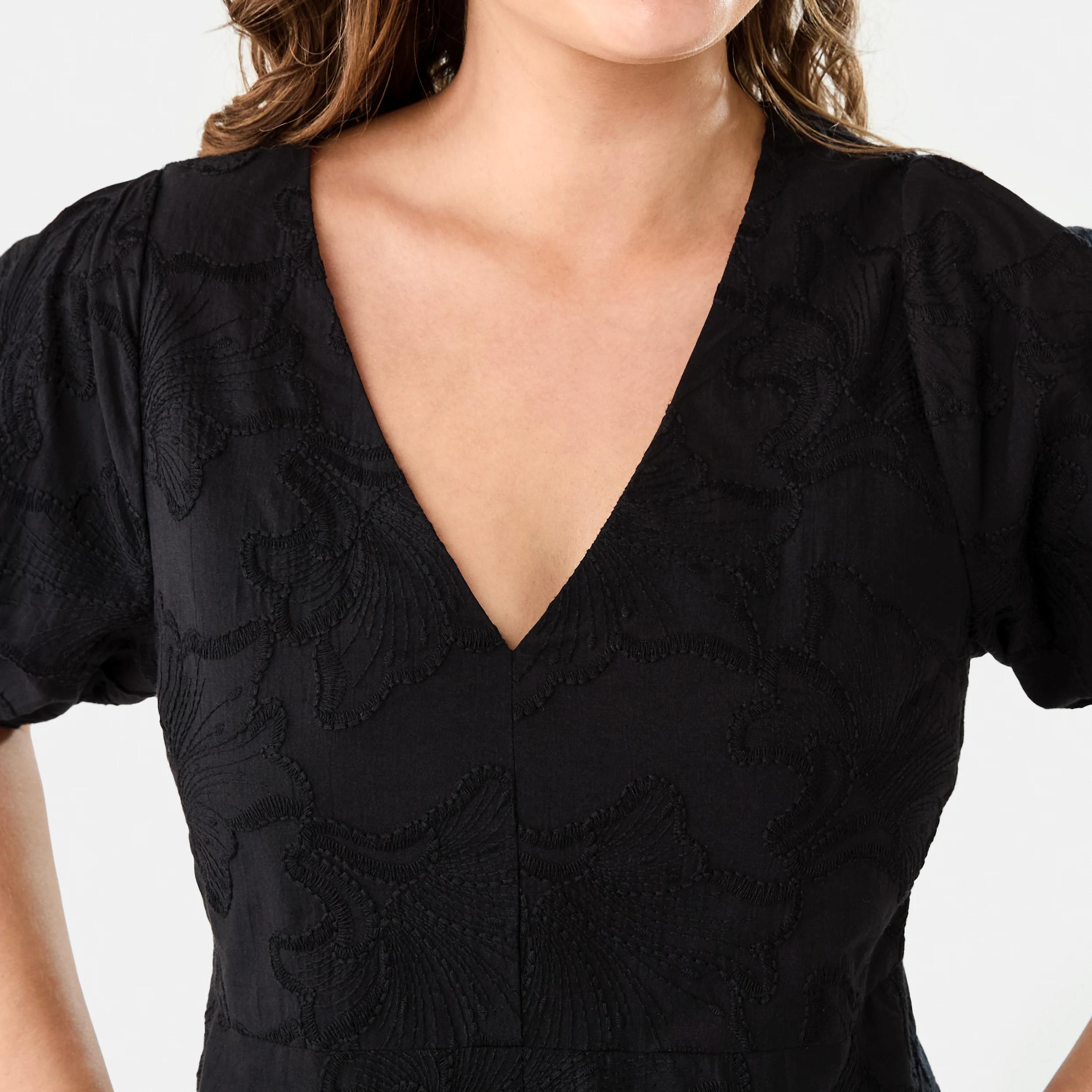 6 Short Sleeve Broderie Puff Sleeve Mini Dress Black, 6 of 10