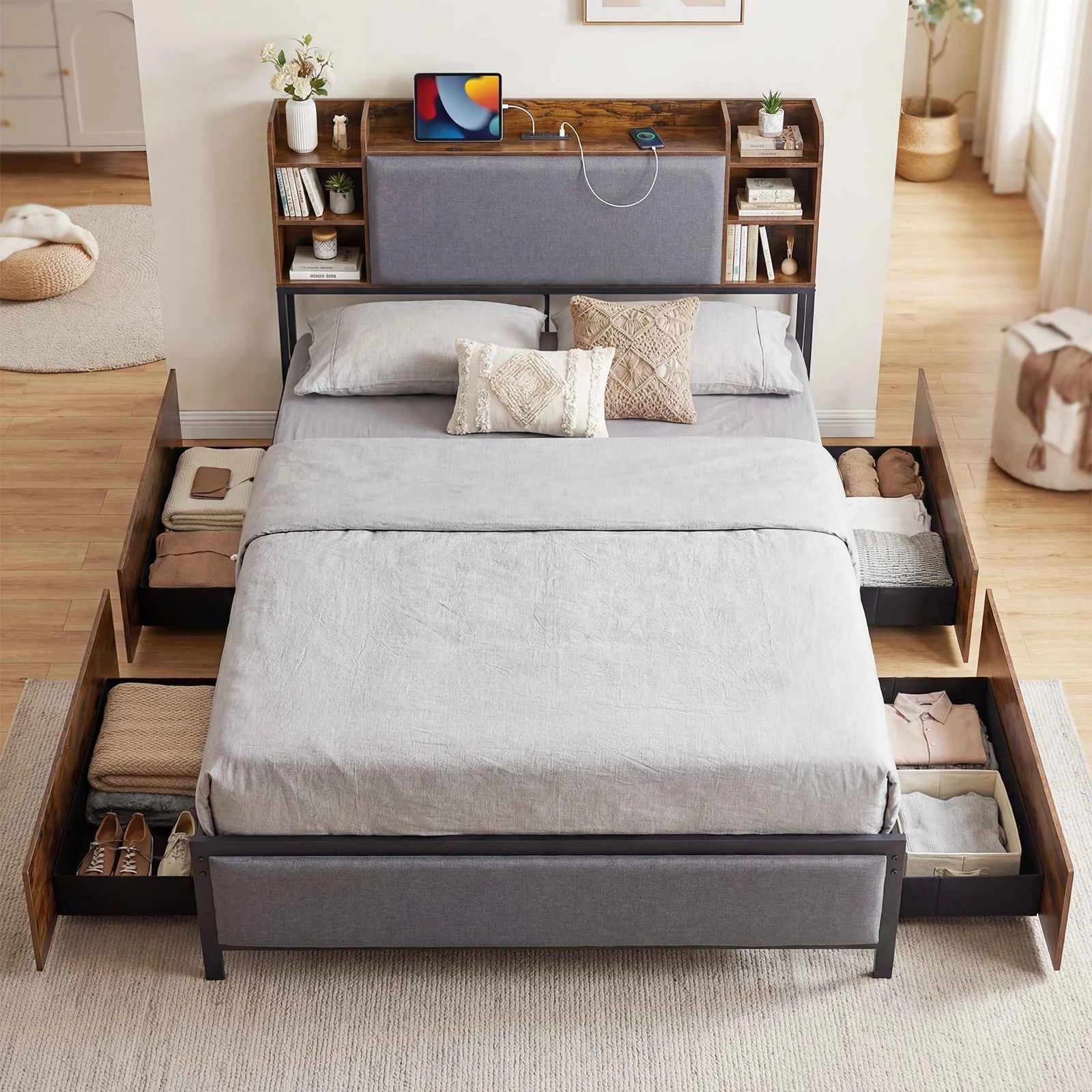 3 Costway Queen LED Bed Frame Charging Station Platform Bed Headboard Footboard 4 Storage Drawers, 3 of 4
