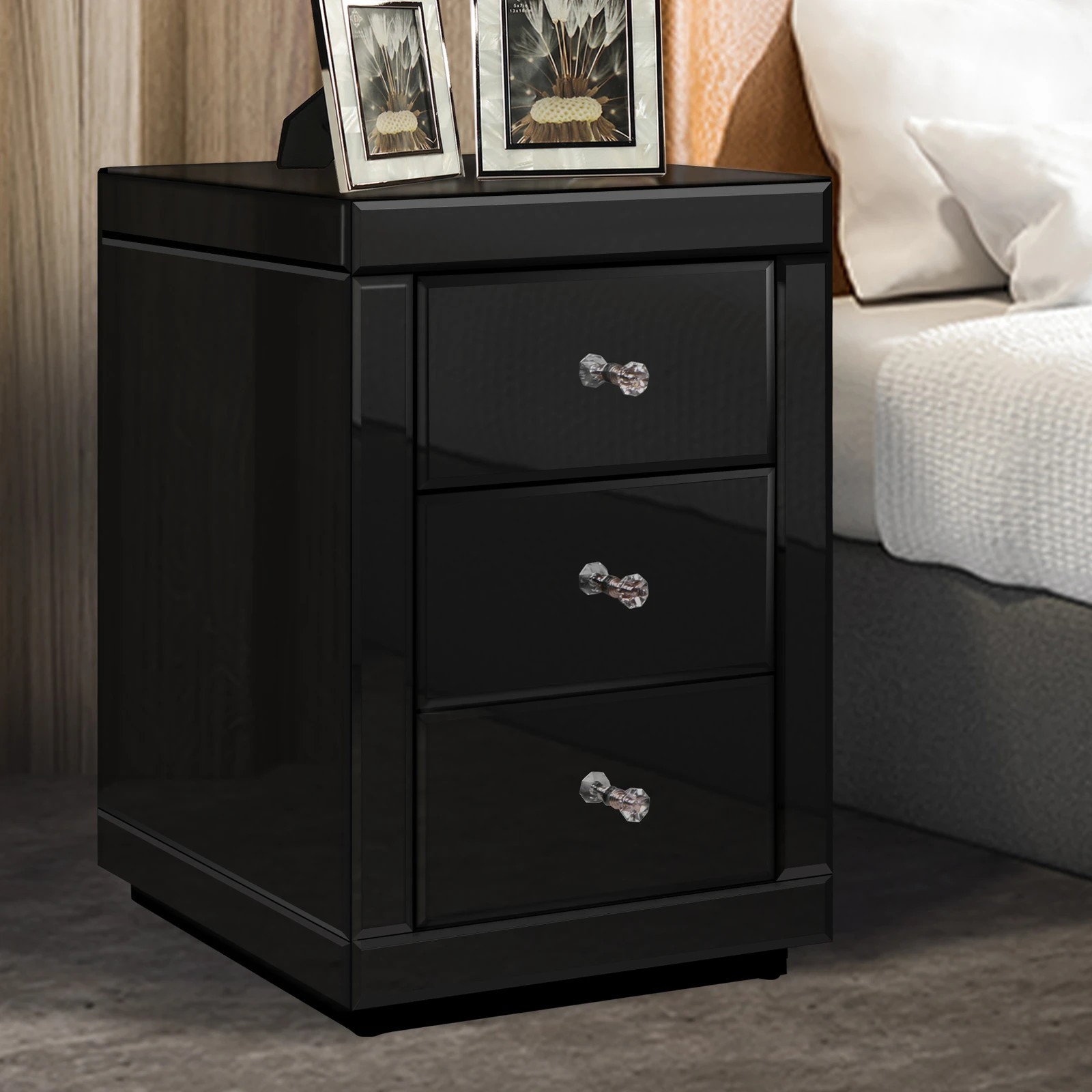 3 Alfordson Bedside Table Mirrored Cabinet Nightstand Side End Table Drawers - Black, 3 of 10