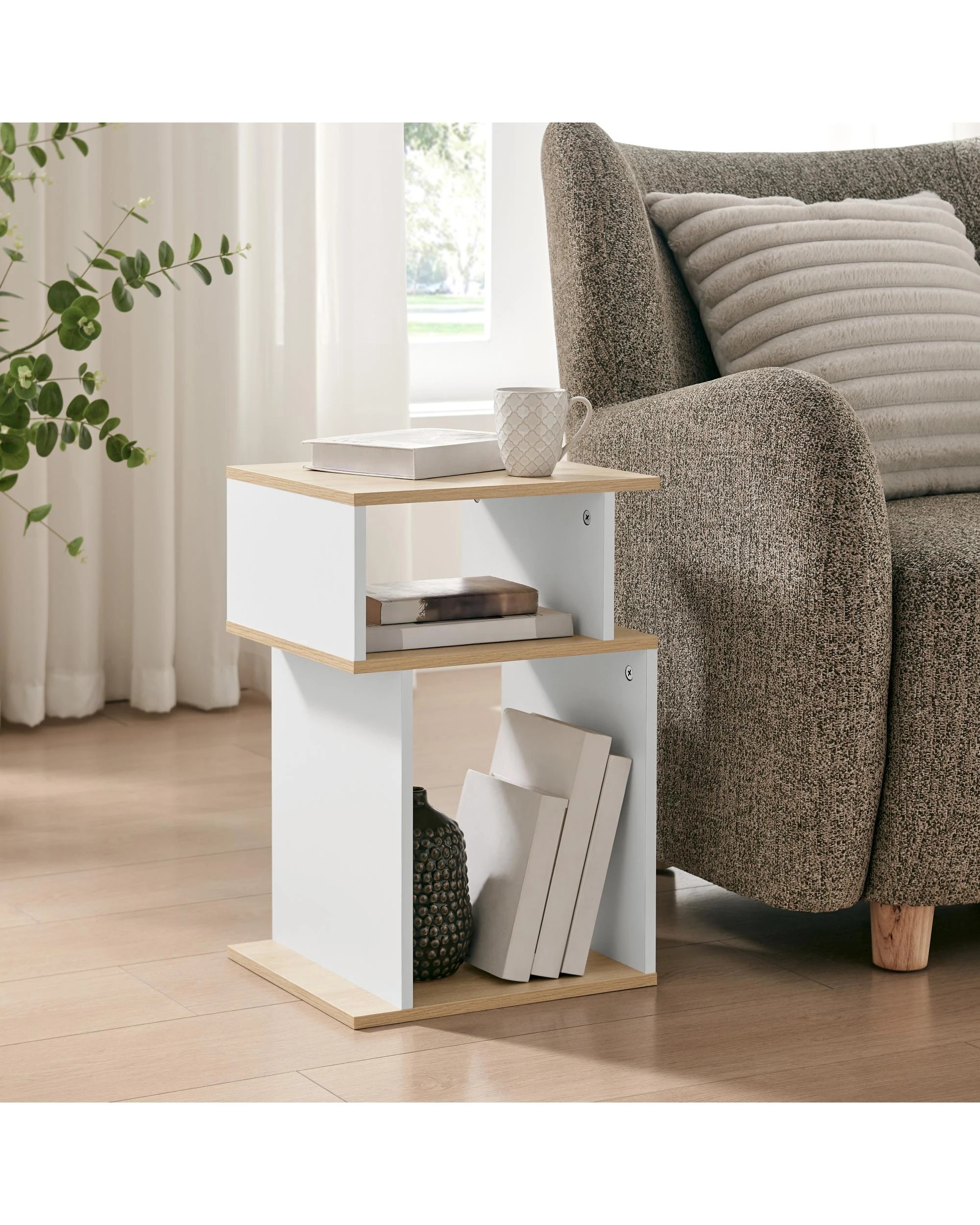 3 Kodu Small 2 Tier Side Table Storage Shelf Unit Oak Look - White, 3 of 9