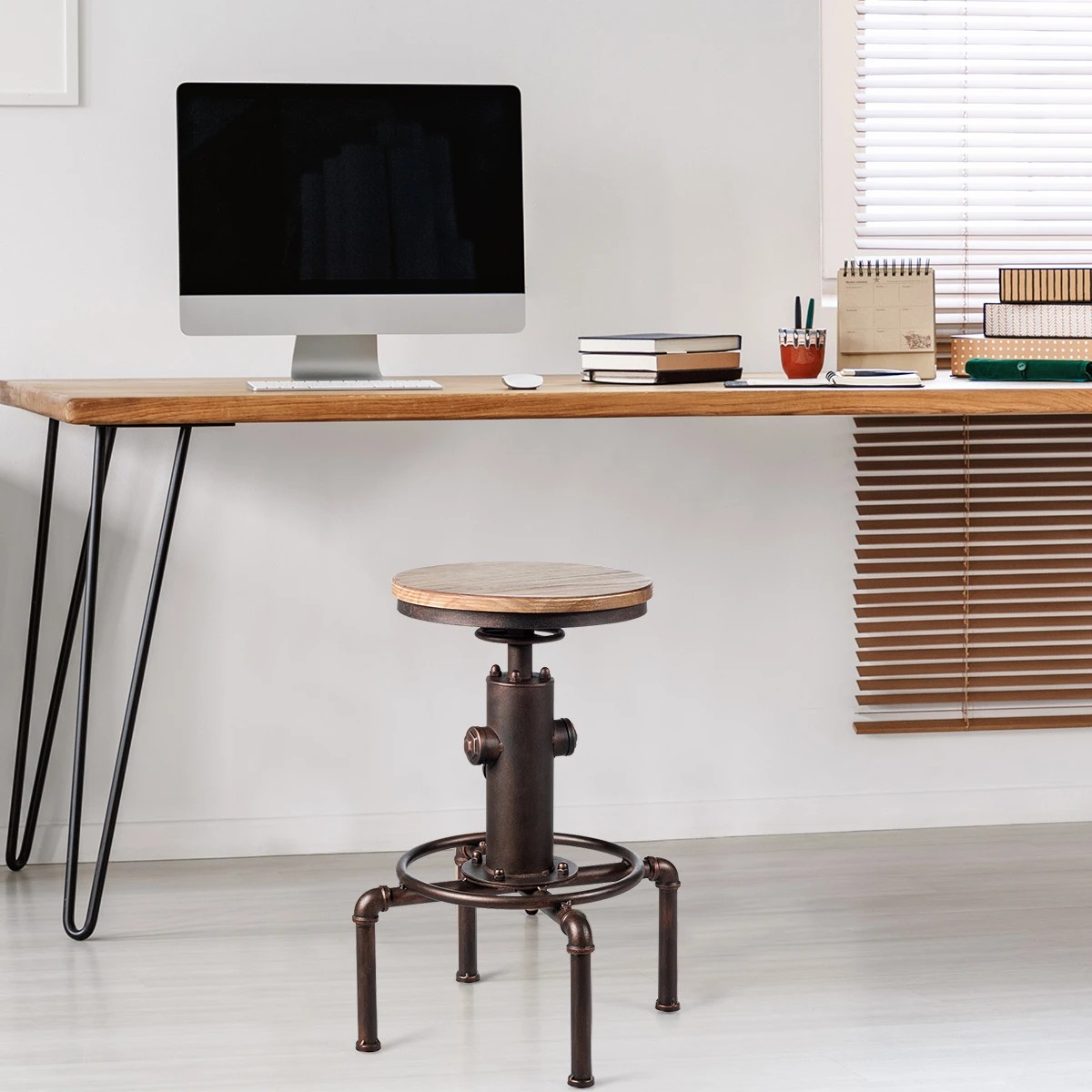 2 Costway Industrial Bar Stool Wood Seat Height Adjustable Counter Stool Swivel Dining Chair - Brown, 2 of 3