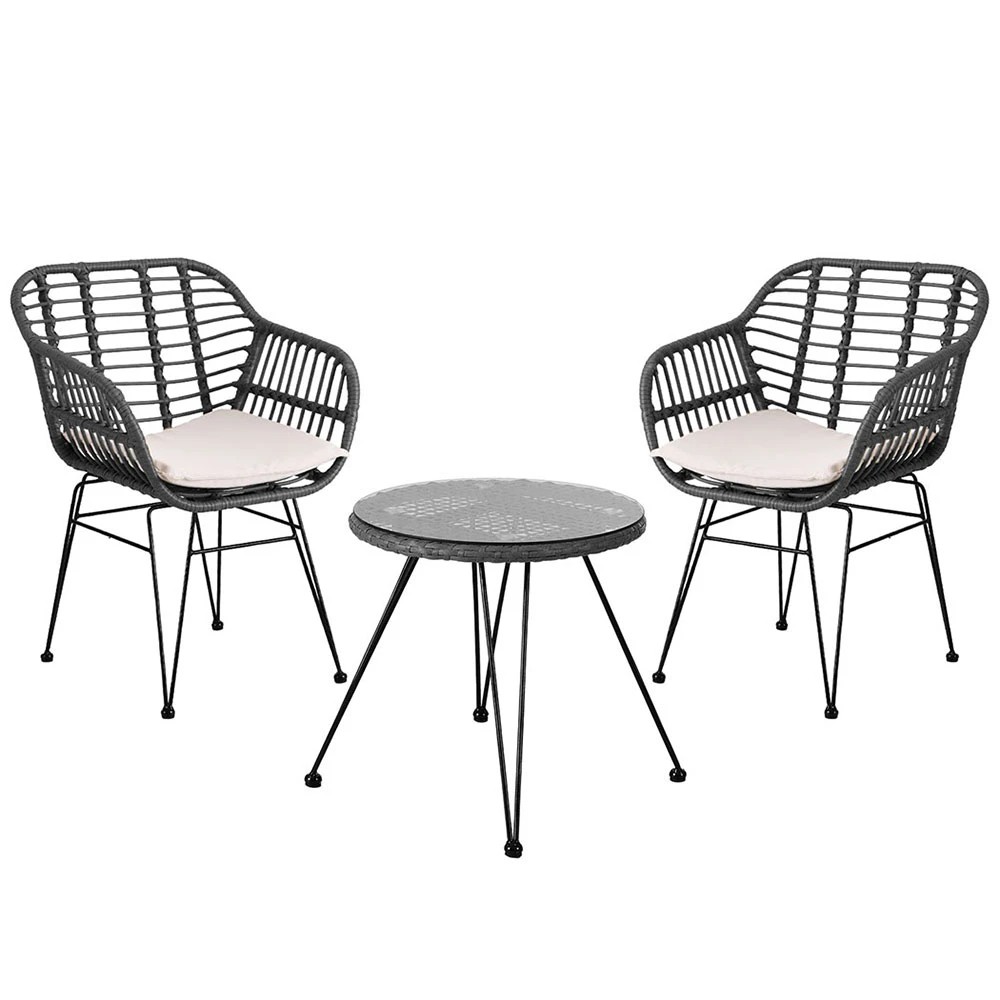 1 Gardeon 3PC Outdoor Furniture Bistro Set Lounge Setting Table Chairs Cushion Patio - Grey, 1 of 6