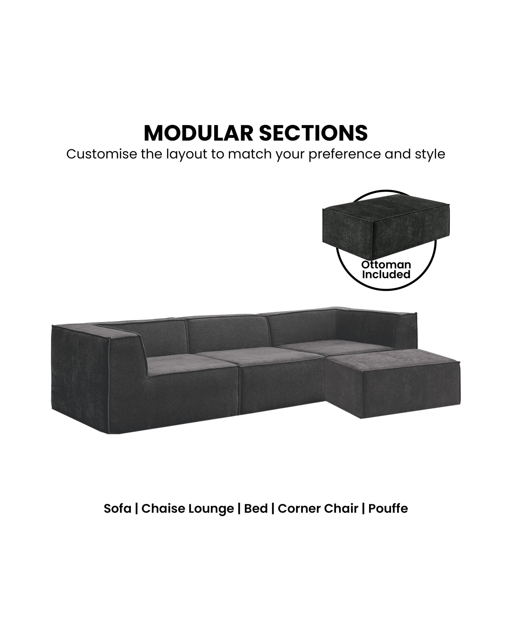 7 Sarantino Novi 3-seater Modular Sofa Ottoman Charcoal Black Non-slip Bottom Lounge, 7 of 9