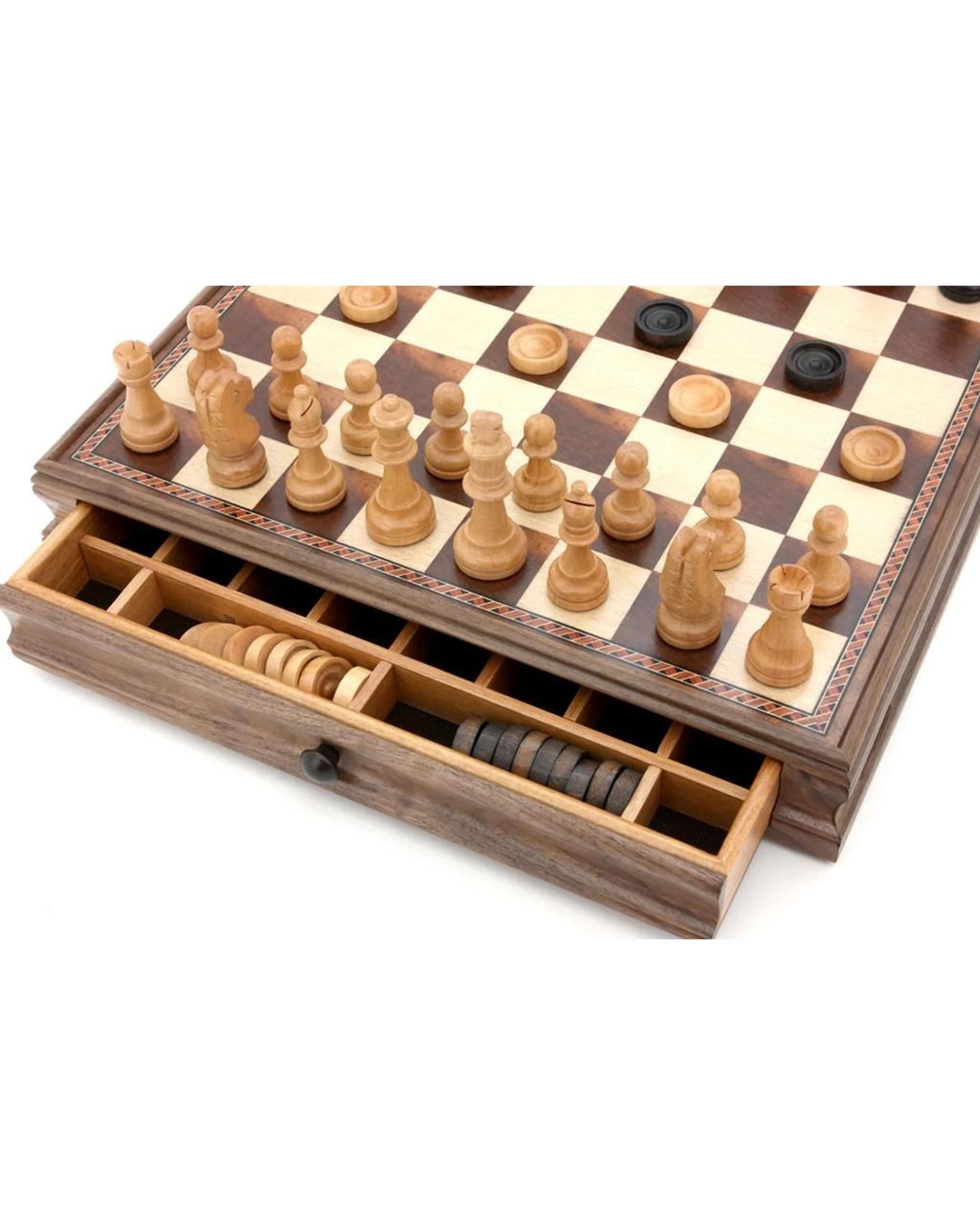 4 Dal Rossi 15 inch Walnut 2-in-1 Chess/Checkers Set with Drawers, 4 of 4