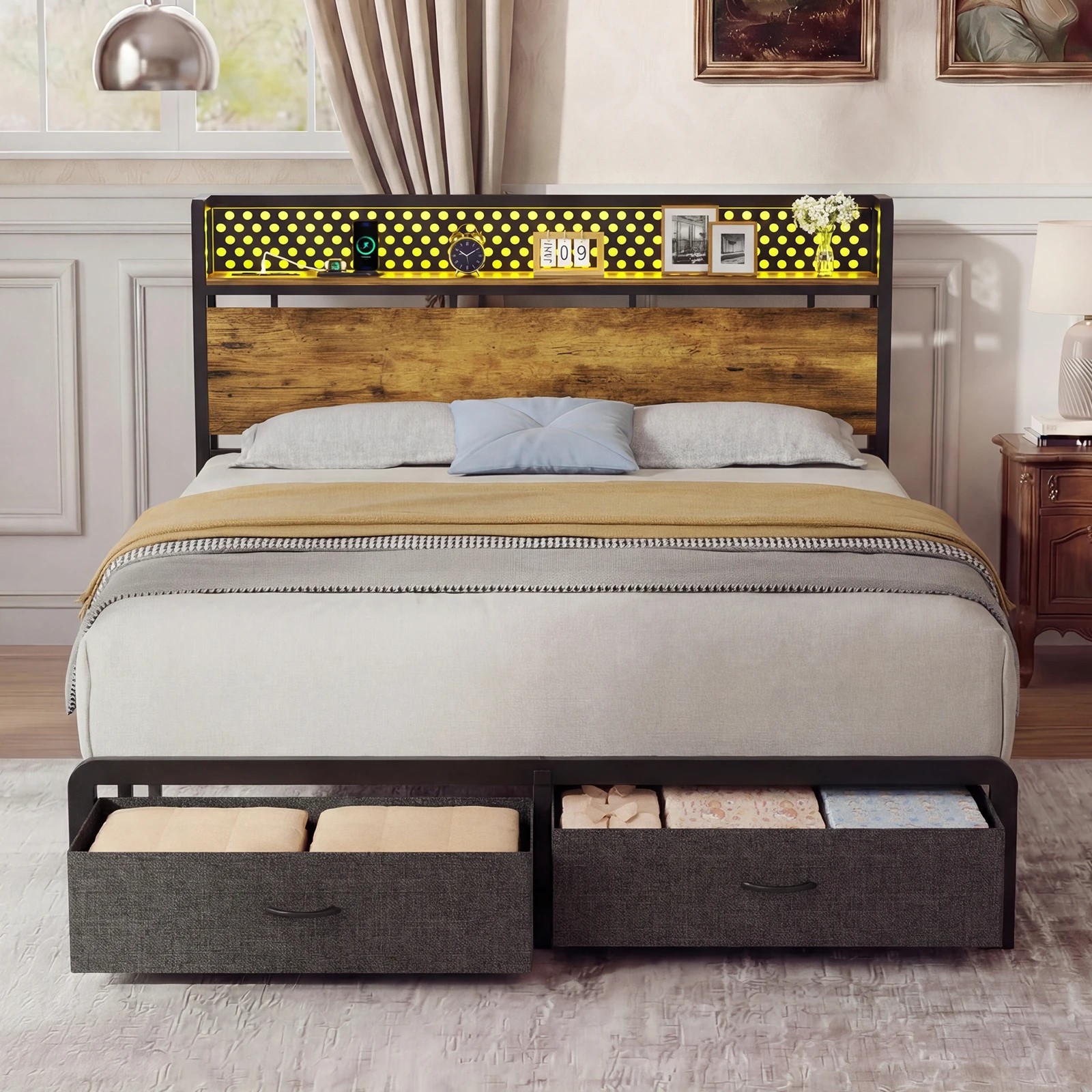 9 Advwin Double Size LED Bed Frame with Charging and 2 Drawers - Brown, 9 of 9