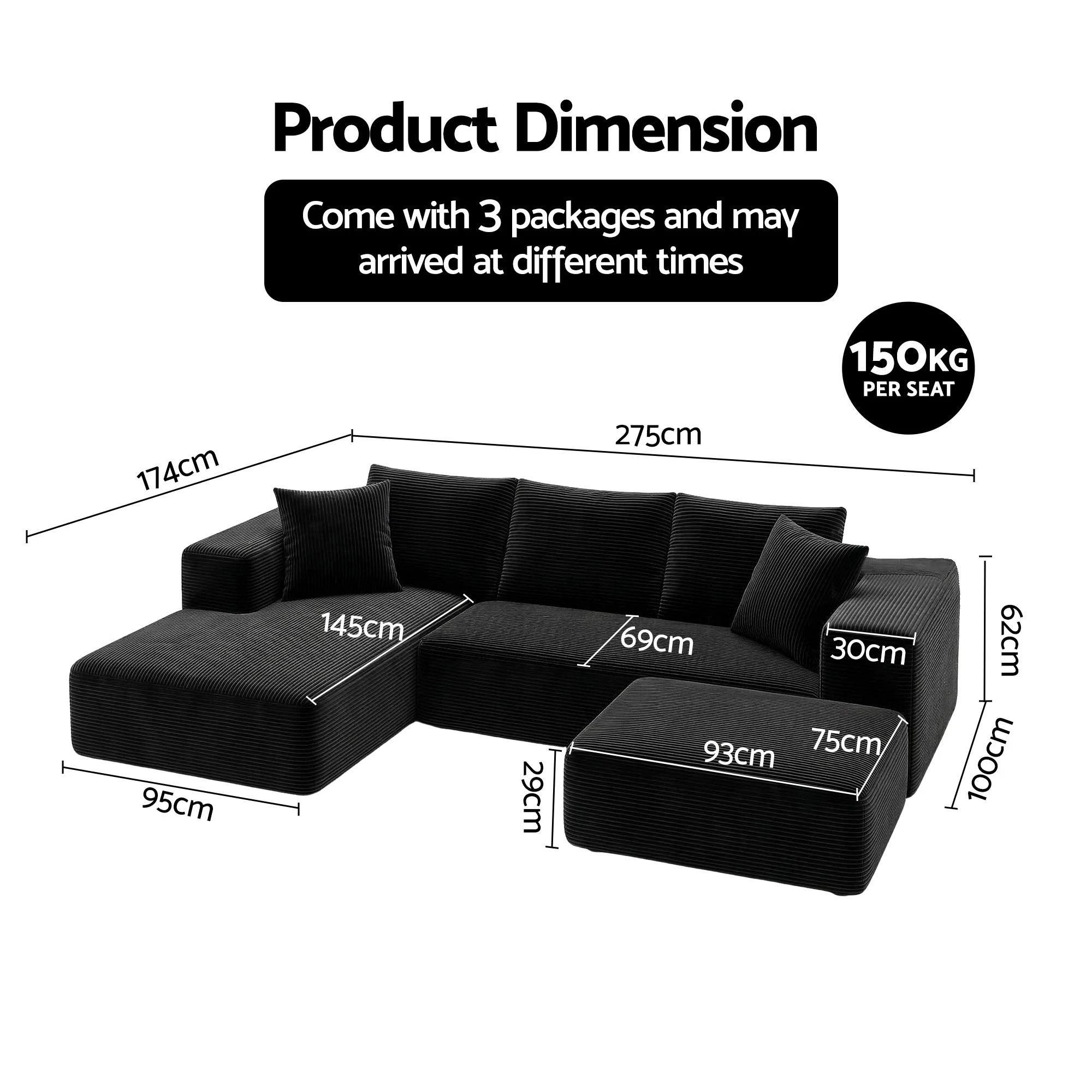 2 Artiss Modular Sofa Bed with Ottoman Sectional Boneless Couch Corduroy Compressed Sofa - Multi, 2 of 4