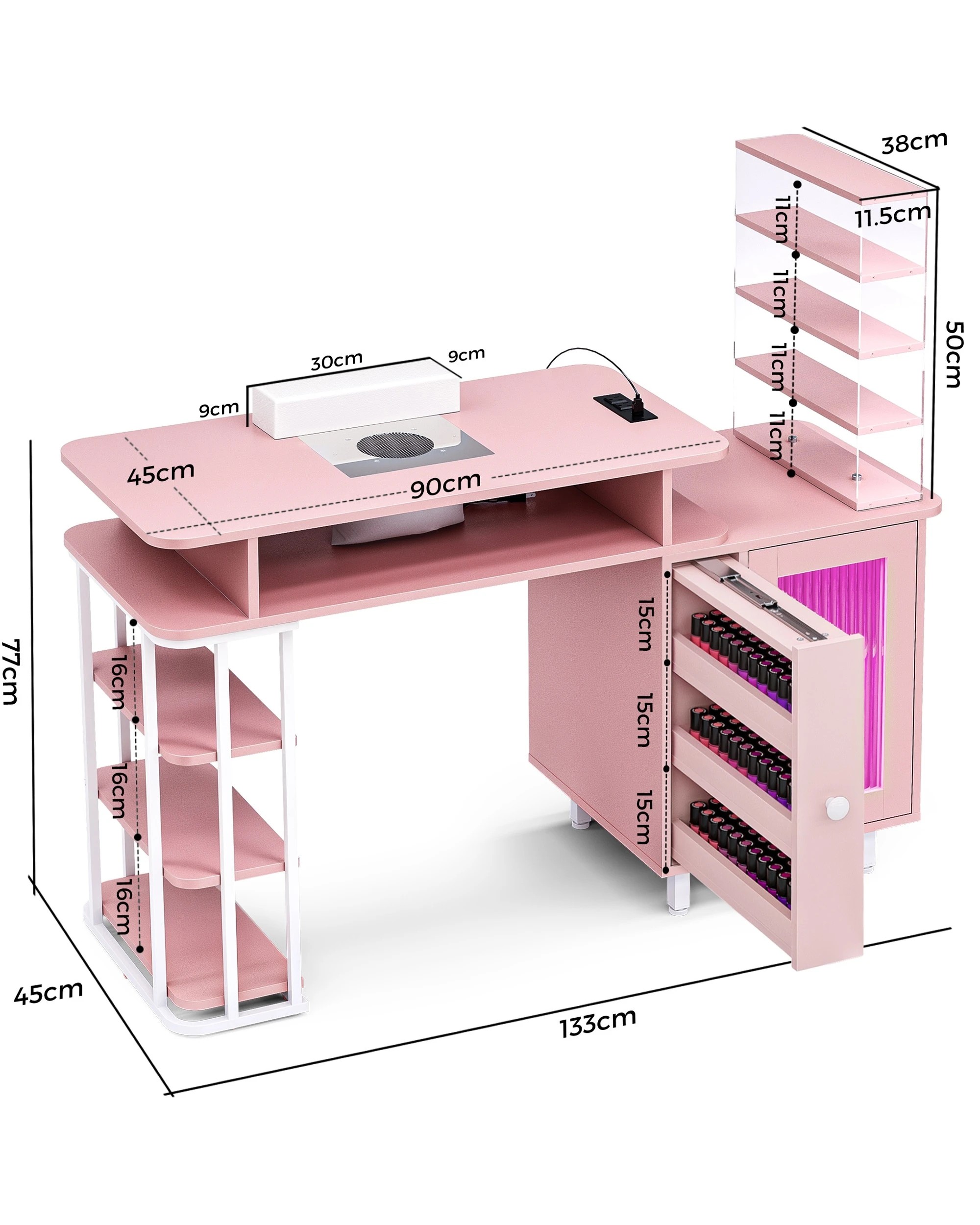 3 Advwin Manicure Table Dust with Dust Collector LED Light Charging Station - Pink, 3 of 9