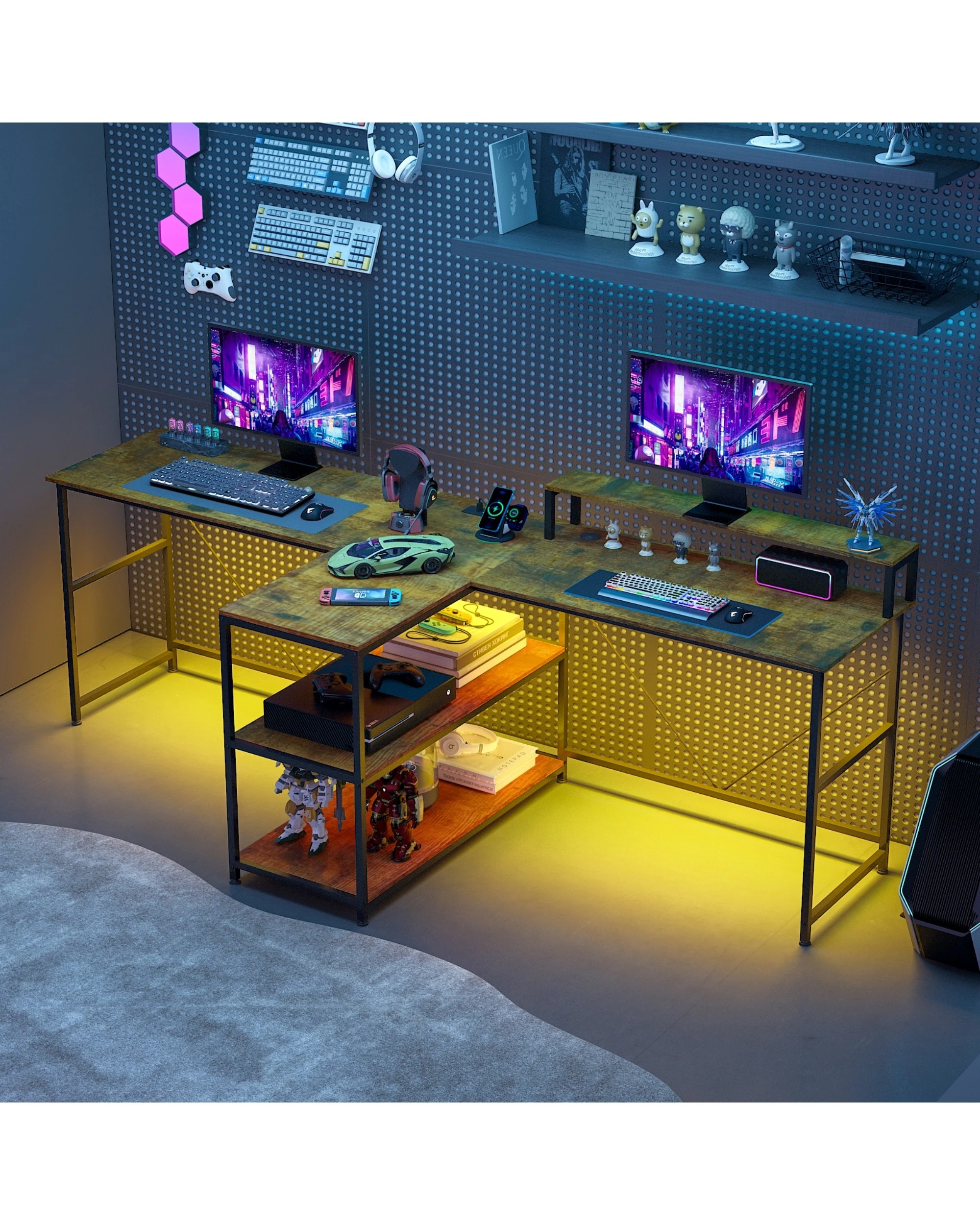 4 Advwin 236cm 2 Person LED Gaming  Computer Desks w/ Power Outlets - Brown, 4 of 9