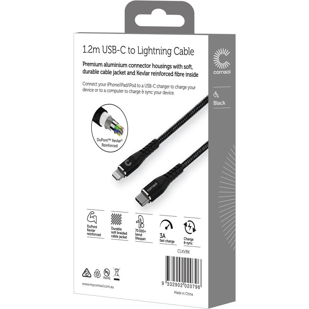 2 Comsol Kevlar USB-C to Lightning MFi Cable 1.2m Black, 2 of 3