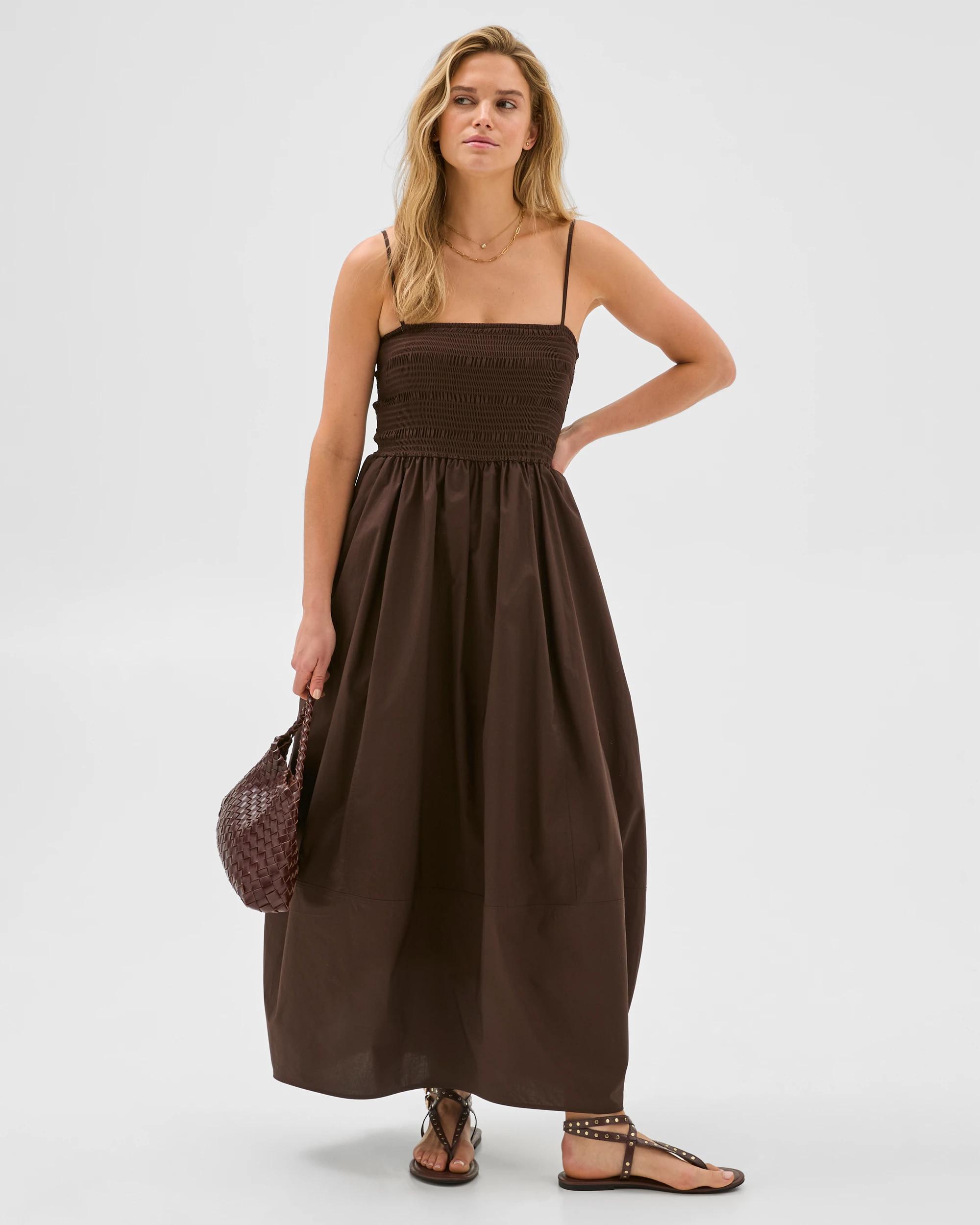 1 Shirred Cocoon Midi Dress - Lily Loves BROWN, 1 of 9